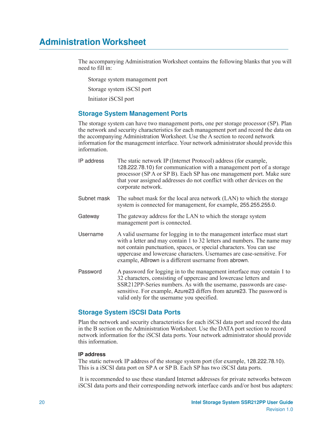 Intel SSR212PP manual Administration Worksheet, Storage System Management Ports, Storage System iSCSI Data Ports 