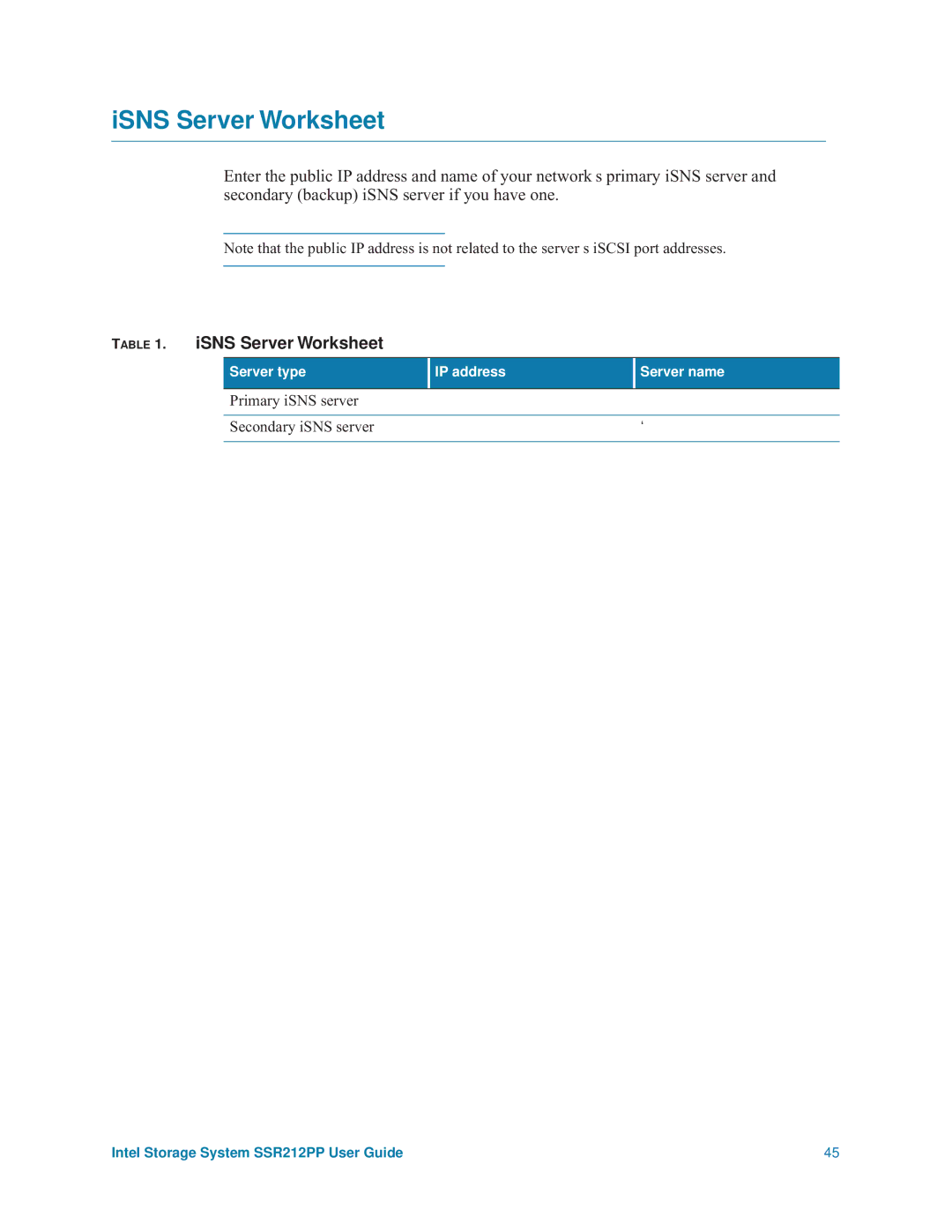 Intel SSR212PP manual ISNS Server Worksheet 