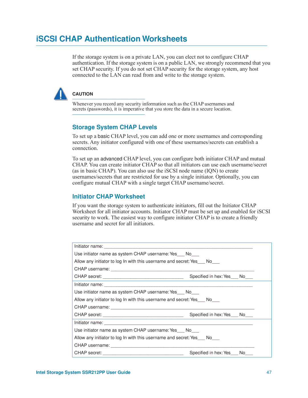 Intel SSR212PP manual ISCSI Chap Authentication Worksheets, Storage System Chap Levels, Initiator Chap Worksheet 