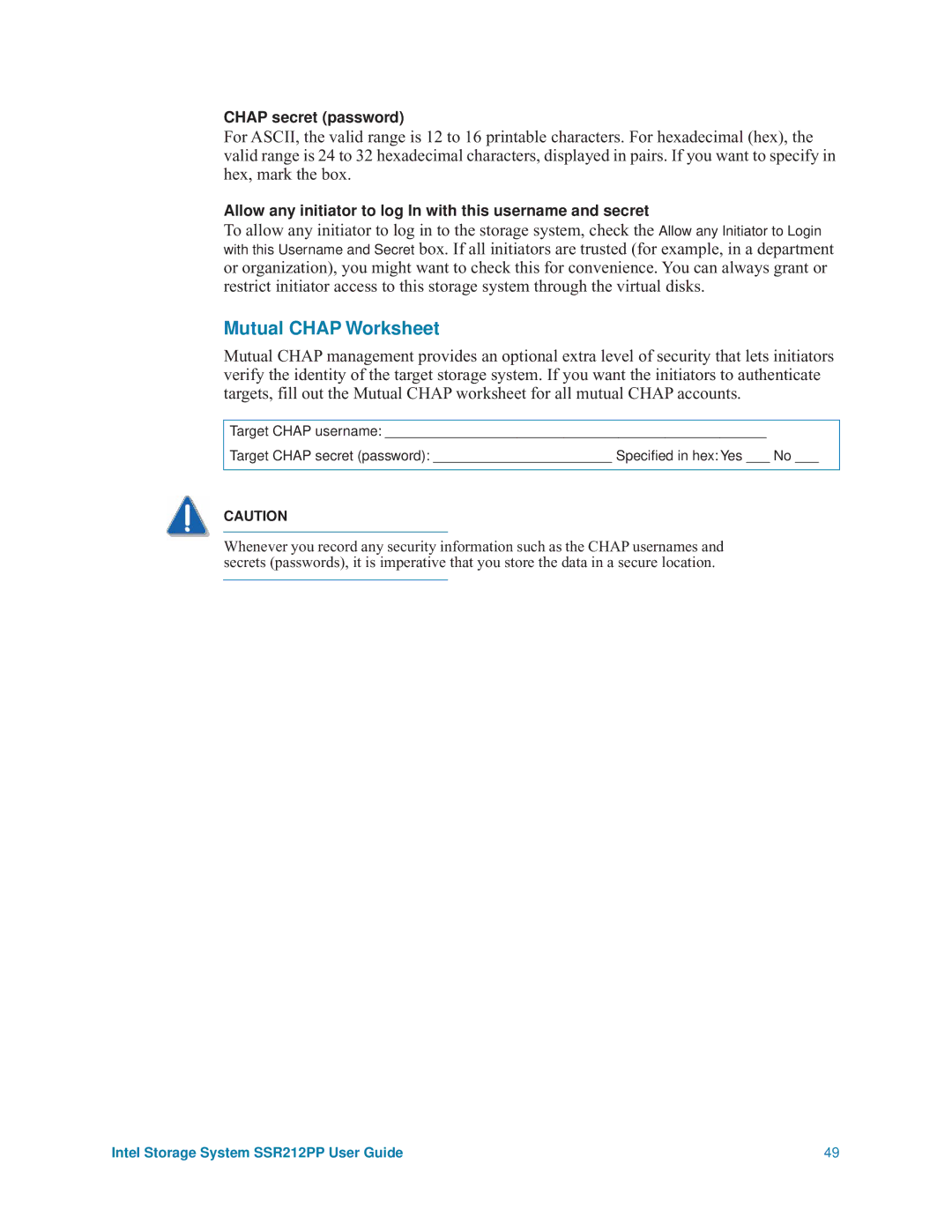 Intel SSR212PP manual Mutual Chap Worksheet 