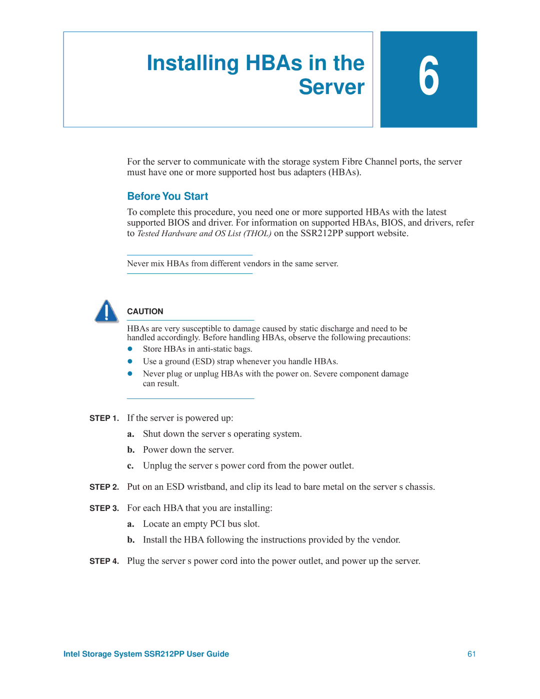 Intel SSR212PP manual Installing HBAs in the Server, Before You Start 