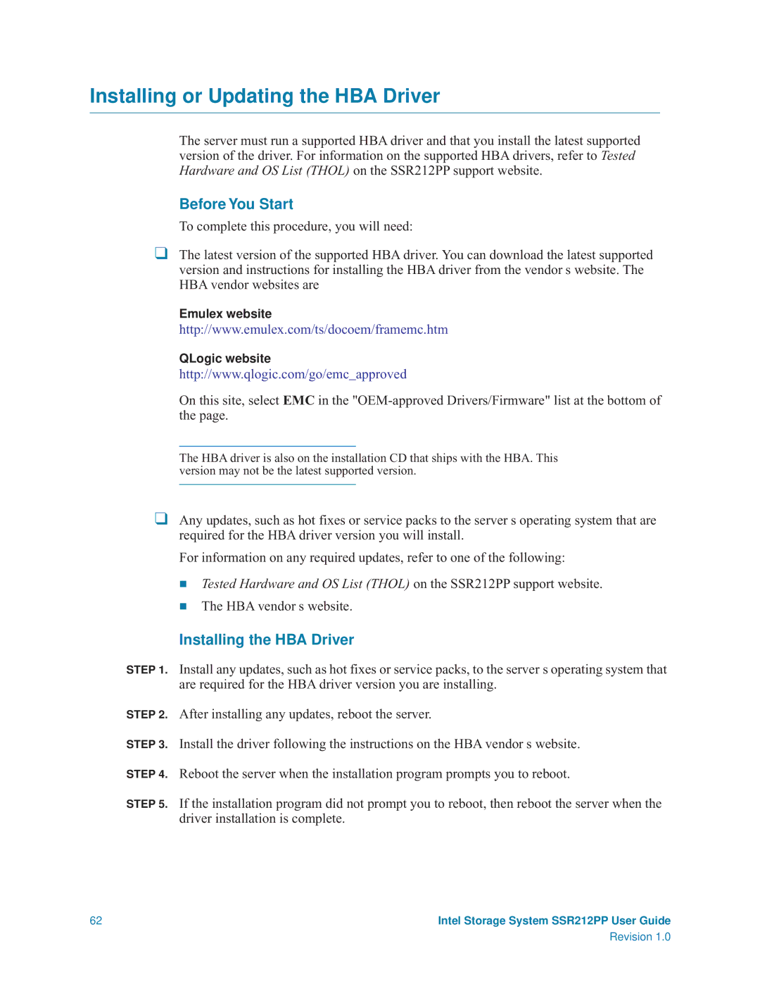 Intel SSR212PP manual Installing or Updating the HBA Driver, Installing the HBA Driver, HBA vendor s website 