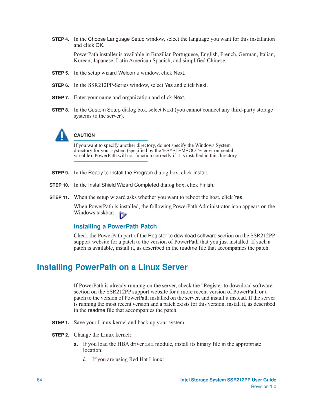 Intel SSR212PP manual Installing PowerPath on a Linux Server, Installing a PowerPath Patch 