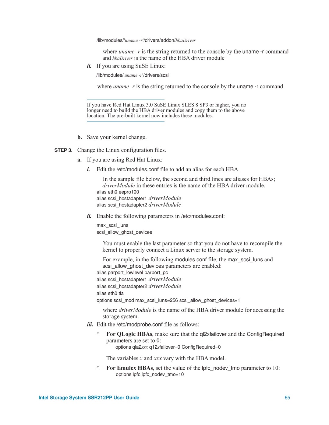 Intel SSR212PP manual Ii. Enable the following parameters in /etc/modules.conf, Variables x and xxx vary with the HBA model 