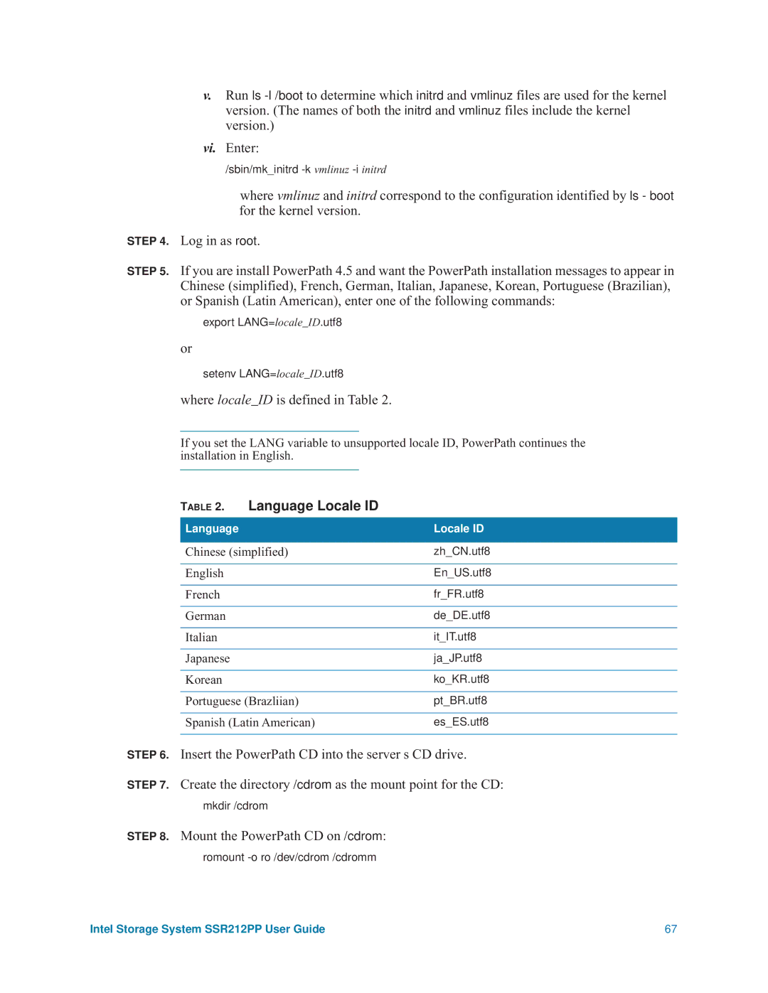 Intel SSR212PP manual Where localeID is defined in Table, Insert the PowerPath CD into the server s CD drive 