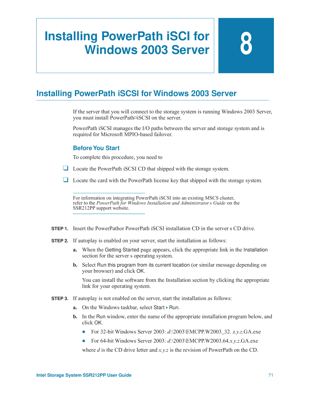 Intel SSR212PP manual Installing PowerPath iSCI for Windows 2003 Server, Installing PowerPath iSCSI for Windows 2003 Server 