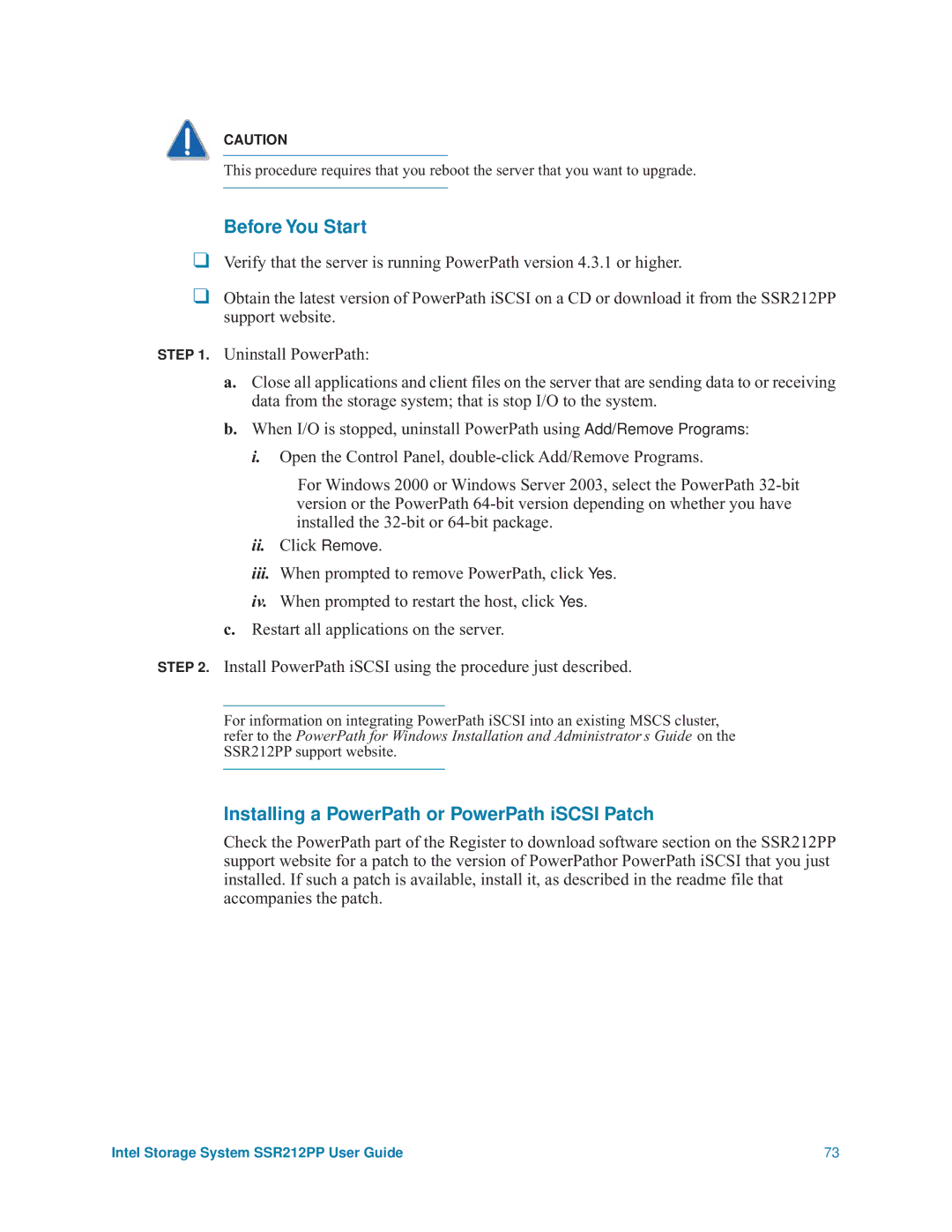 Intel SSR212PP manual Installing a PowerPath or PowerPath iSCSI Patch 