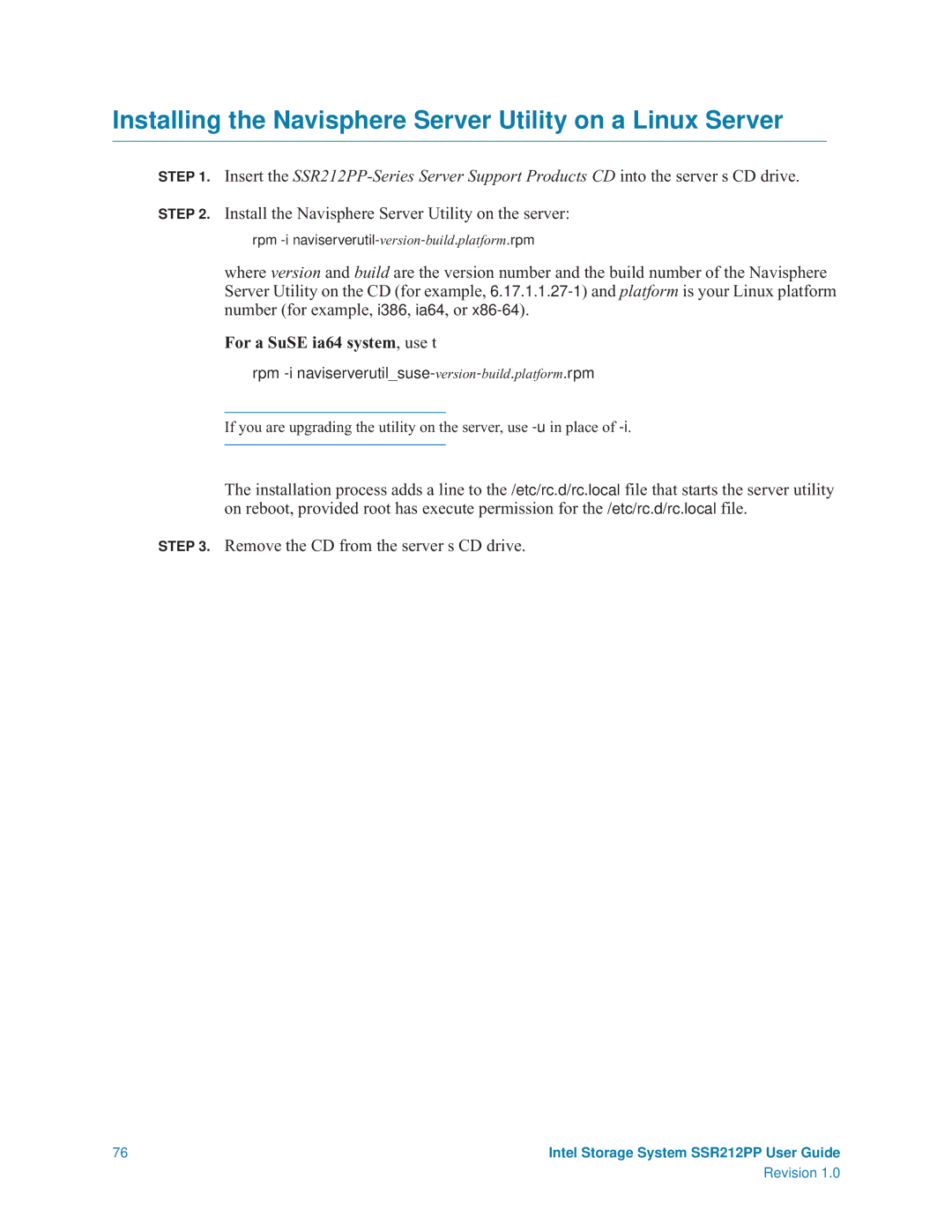 Intel SSR212PP manual Installing the Navisphere Server Utility on a Linux Server 