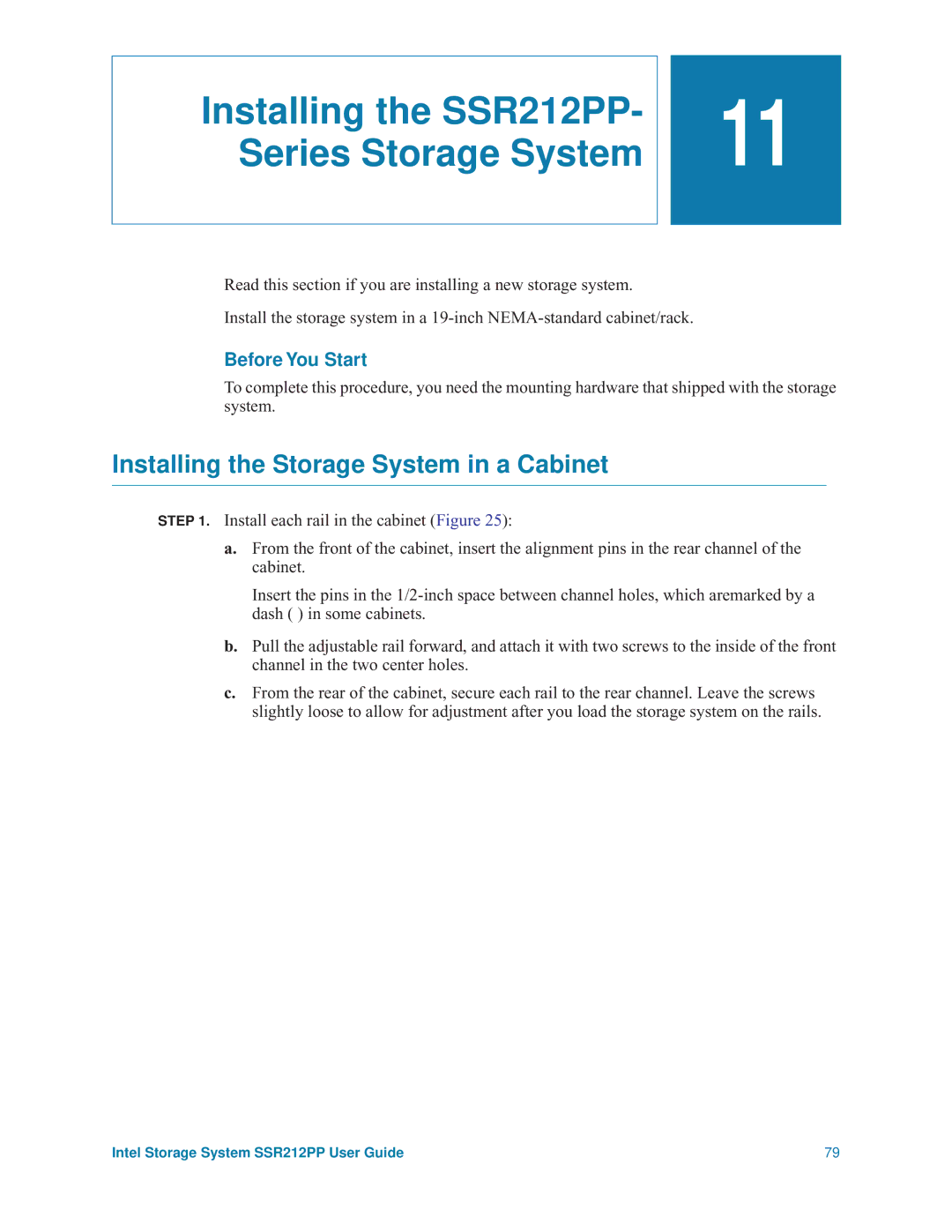 Intel manual Installing the SSR212PP- Series Storage System, Installing the Storage System in a Cabinet 