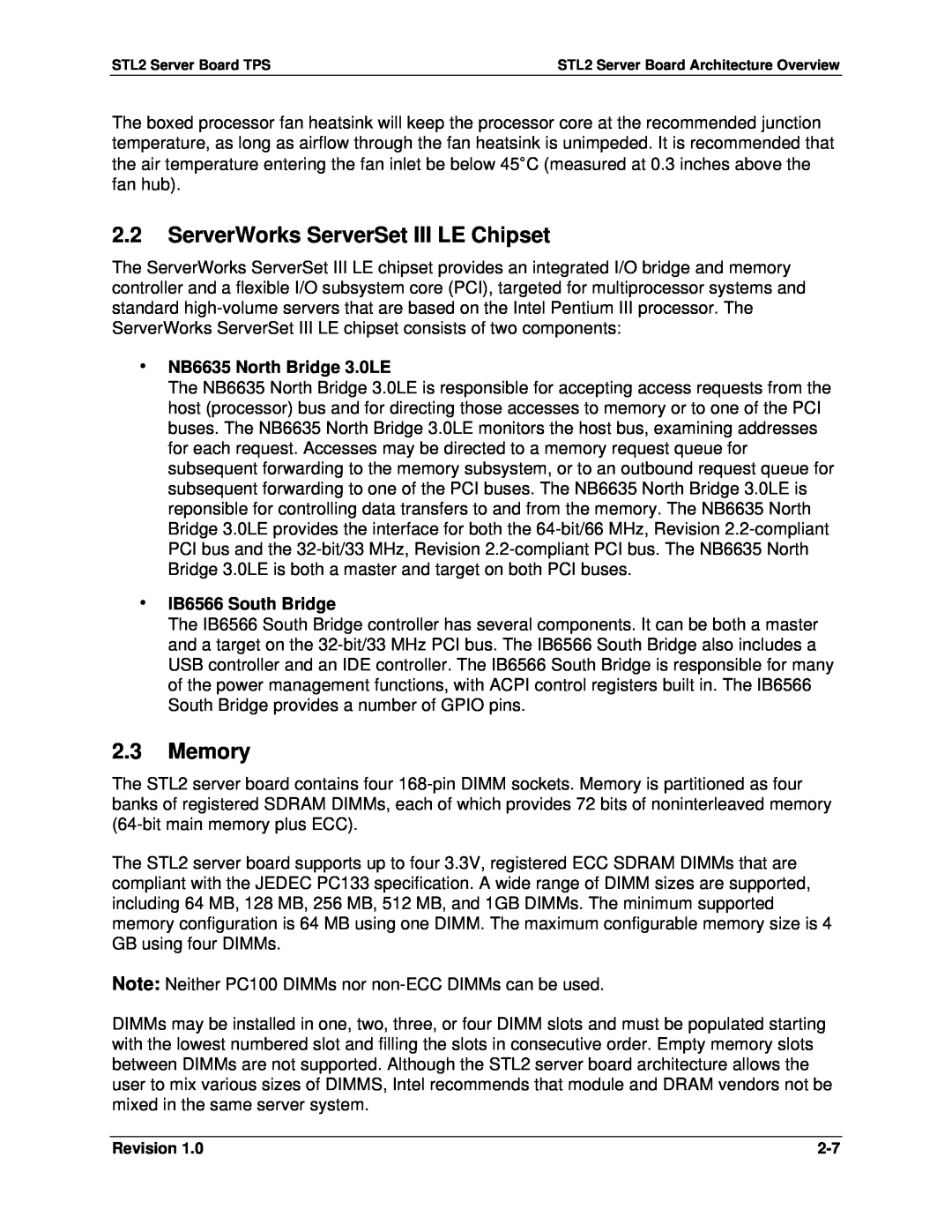 Intel STL2 manual 2.2ServerWorks ServerSet III LE Chipset, 2.3Memory, ∙NB6635 North Bridge 3.0LE, ∙IB6566 South Bridge 