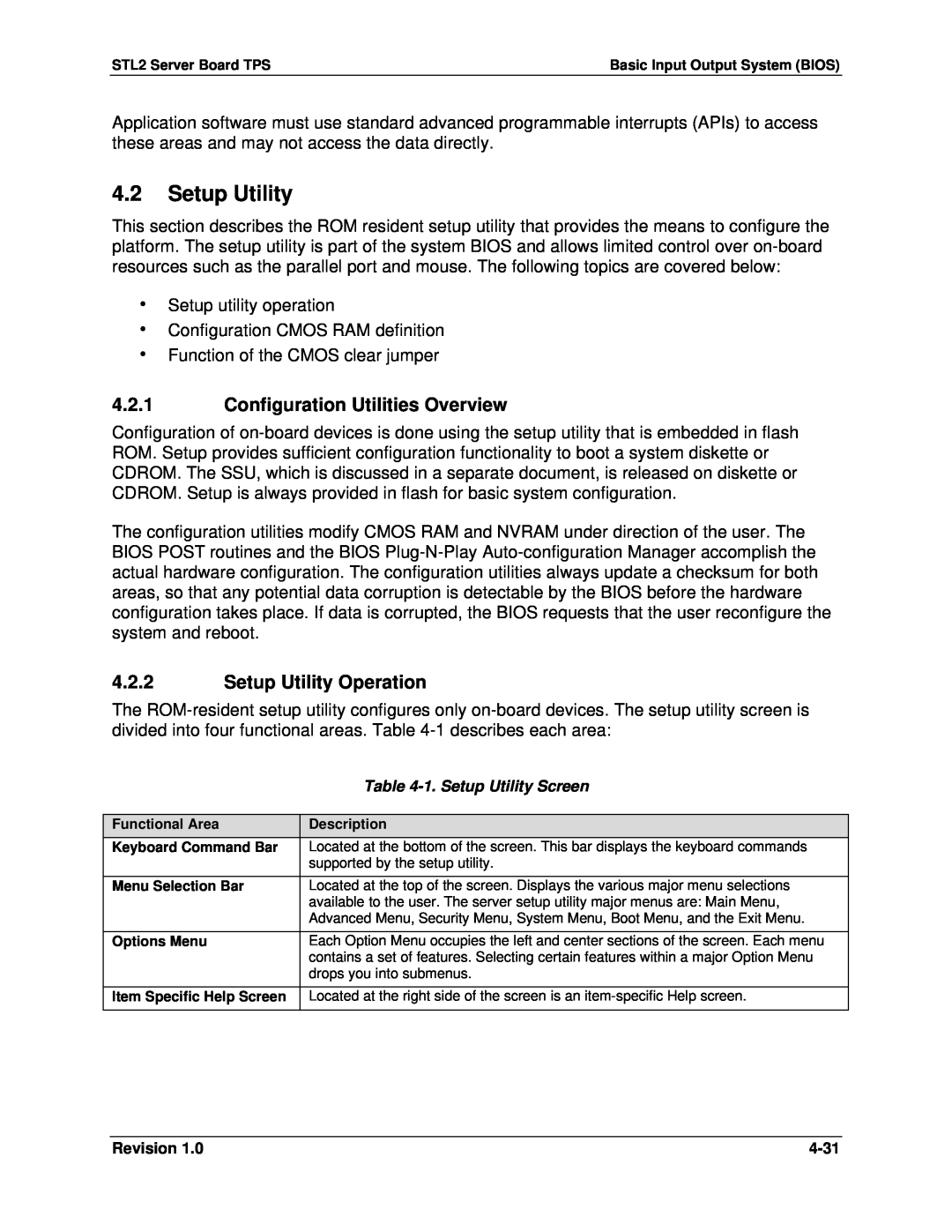 Intel STL2 manual 4.2Setup Utility, 4.2.1Configuration Utilities Overview, 4.2.2Setup Utility Operation 