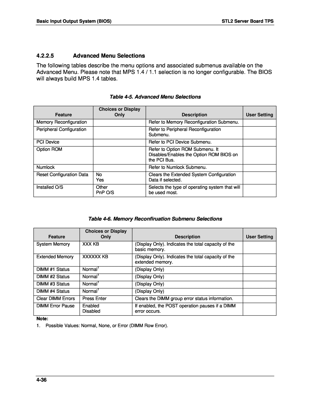 Intel STL2 manual 4.2.2.5Advanced Menu Selections, 5.Advanced Menu Selections, 4-36 