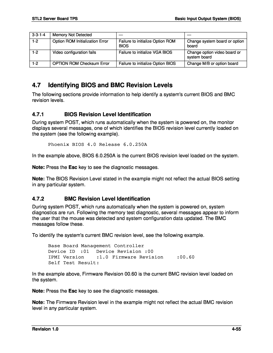 Intel STL2 manual 4.7Identifying BIOS and BMC Revision Levels, 4.7.1BIOS Revision Level Identification 