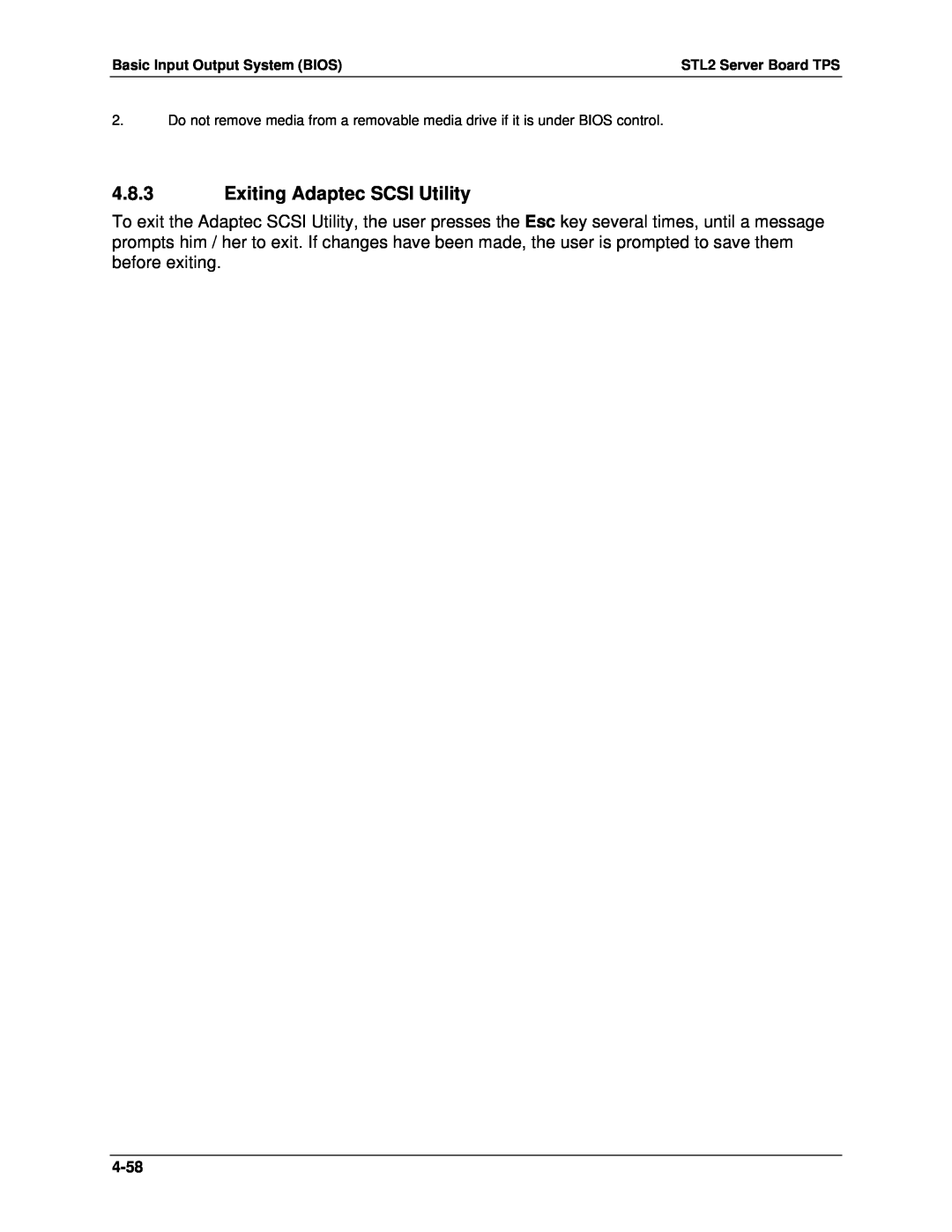Intel STL2 manual 4.8.3Exiting Adaptec SCSI Utility, 4-58 