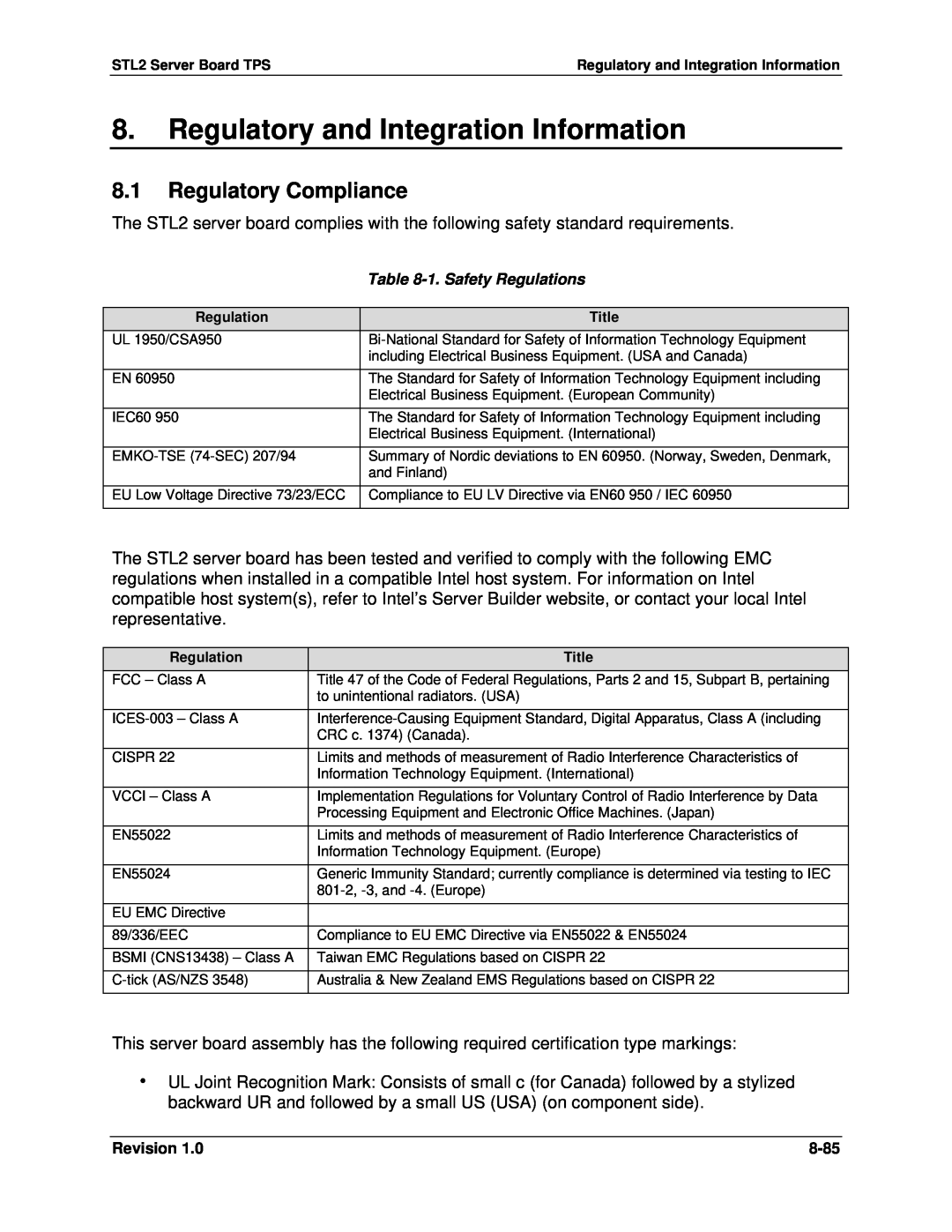 Intel STL2 manual Regulatory and Integration Information, 8.1Regulatory Compliance 