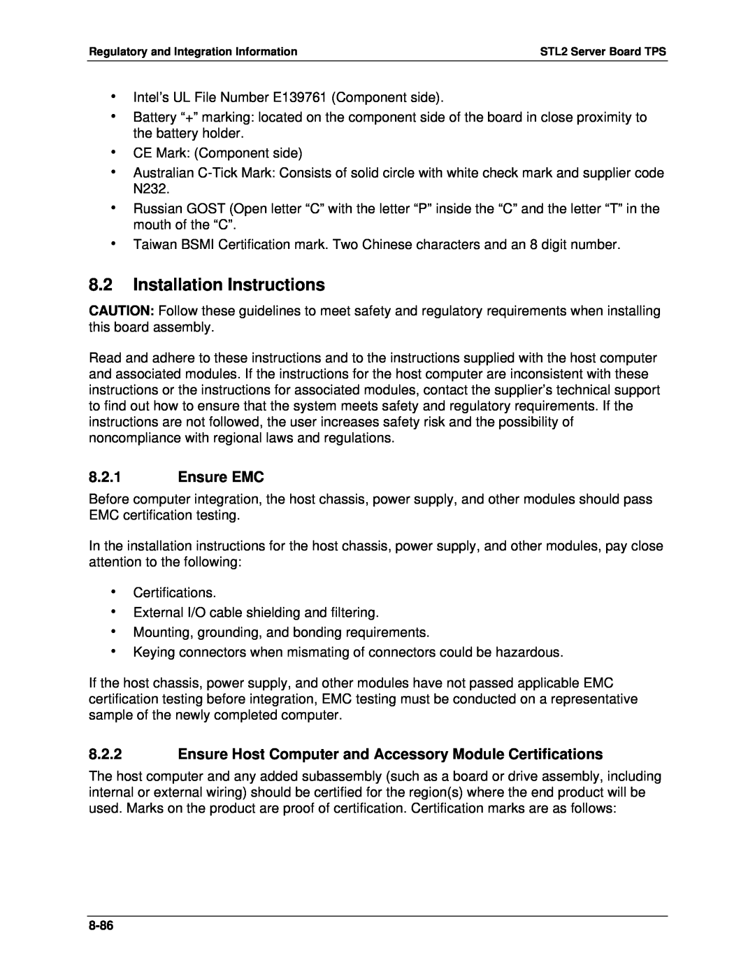 Intel STL2 manual 8.2Installation Instructions, 8.2.1Ensure EMC 