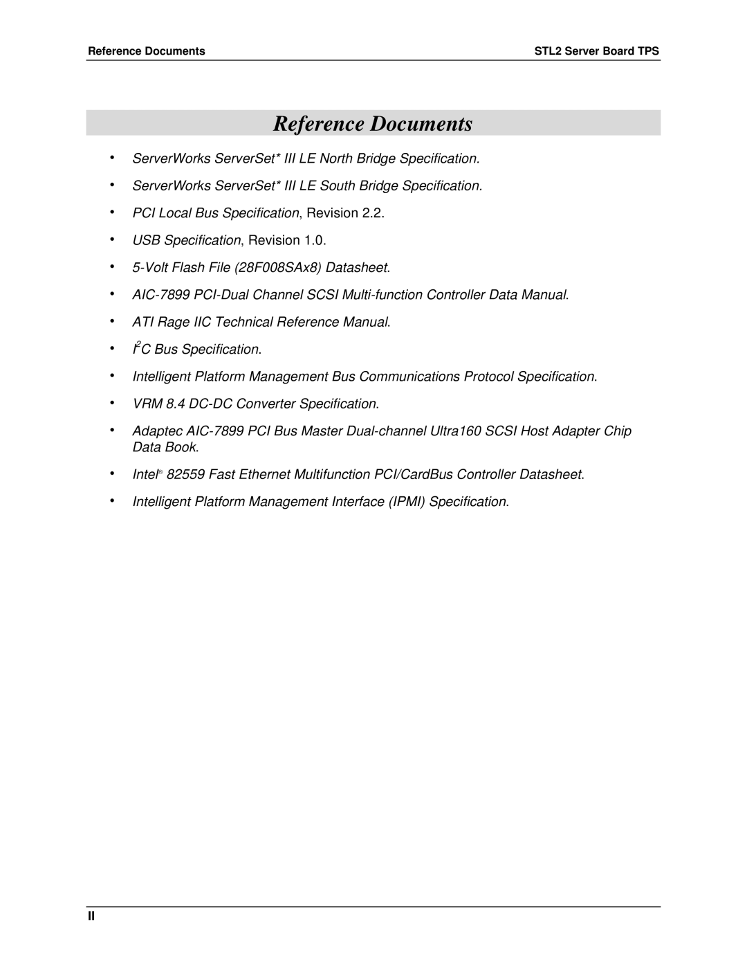 Intel manual Reference Documents STL2 Server Board TPS 