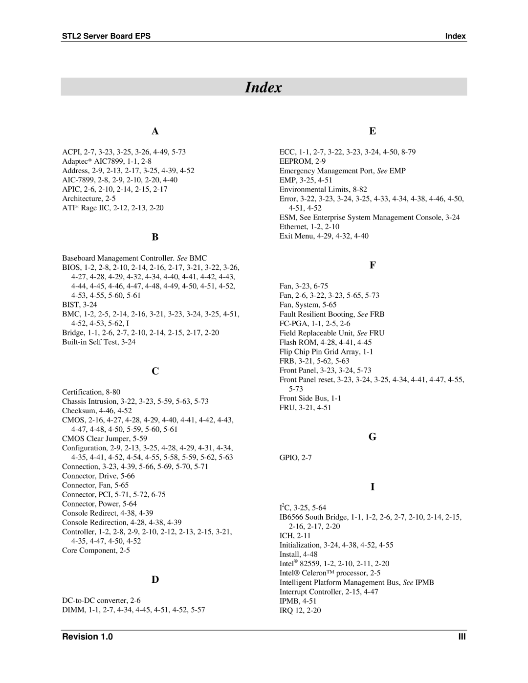 Intel manual STL2 Server Board EPS Index 