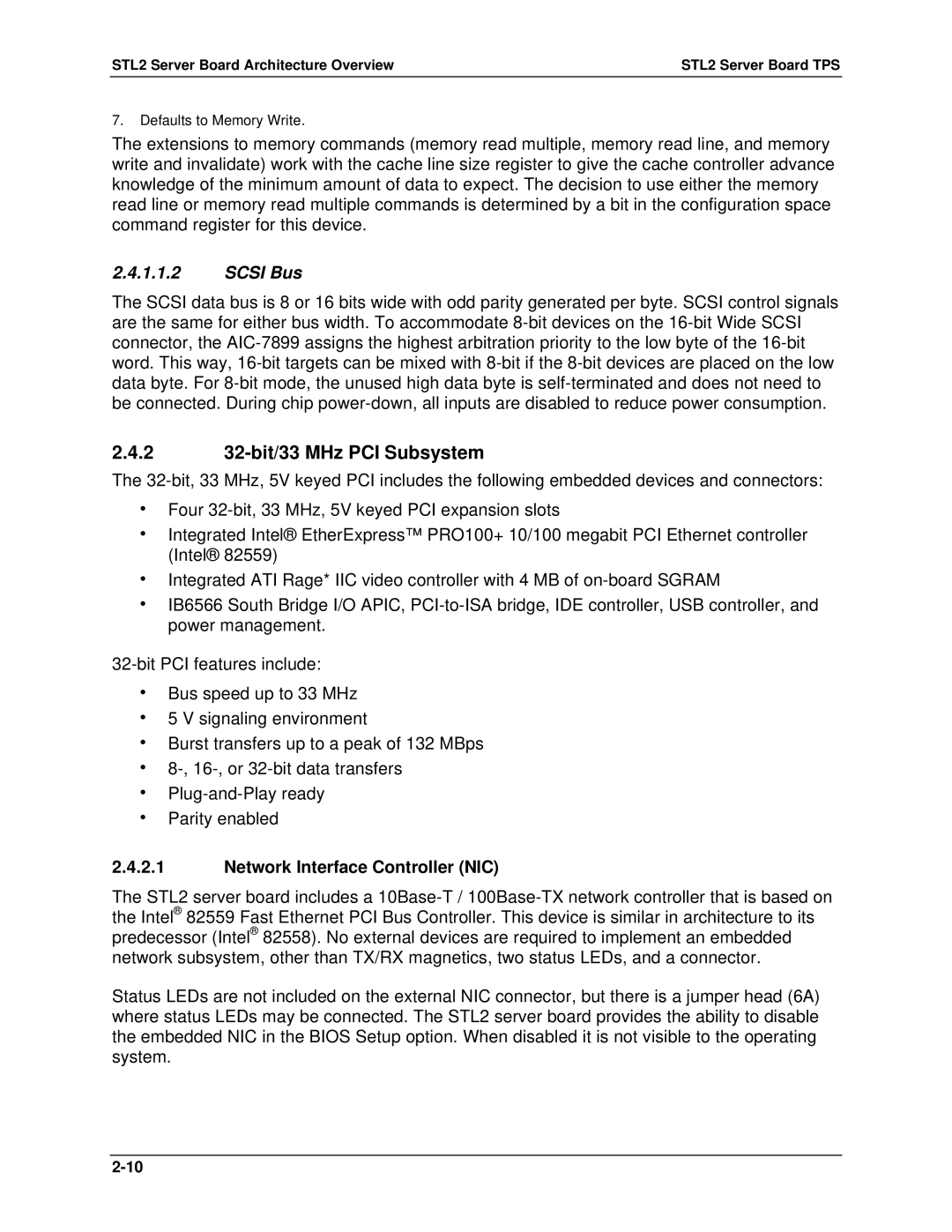 Intel STL2 manual 2 32-bit/33 MHz PCI Subsystem, Network Interface Controller NIC 