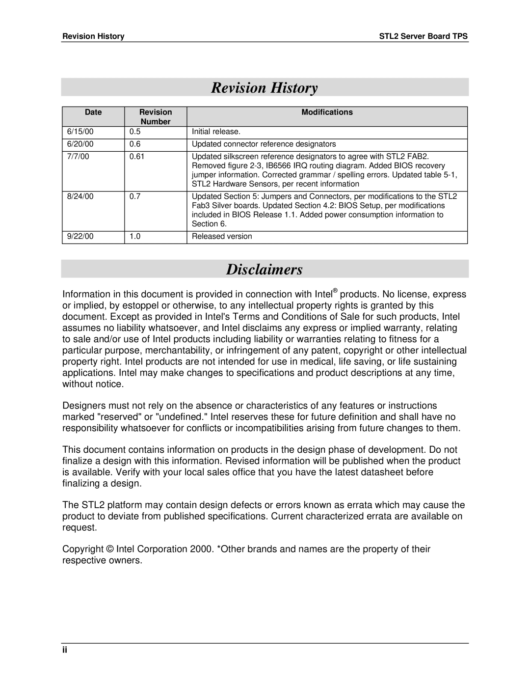 Intel manual Revision History STL2 Server Board TPS, Date Revision Modifications Number 