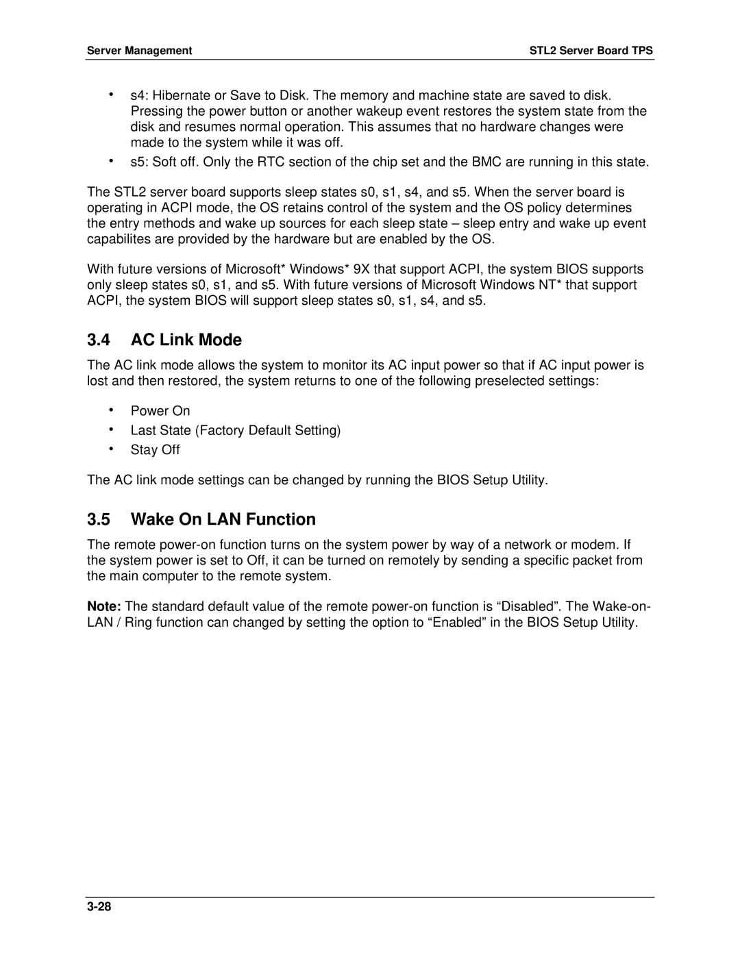 Intel STL2 manual AC Link Mode, Wake On LAN Function 