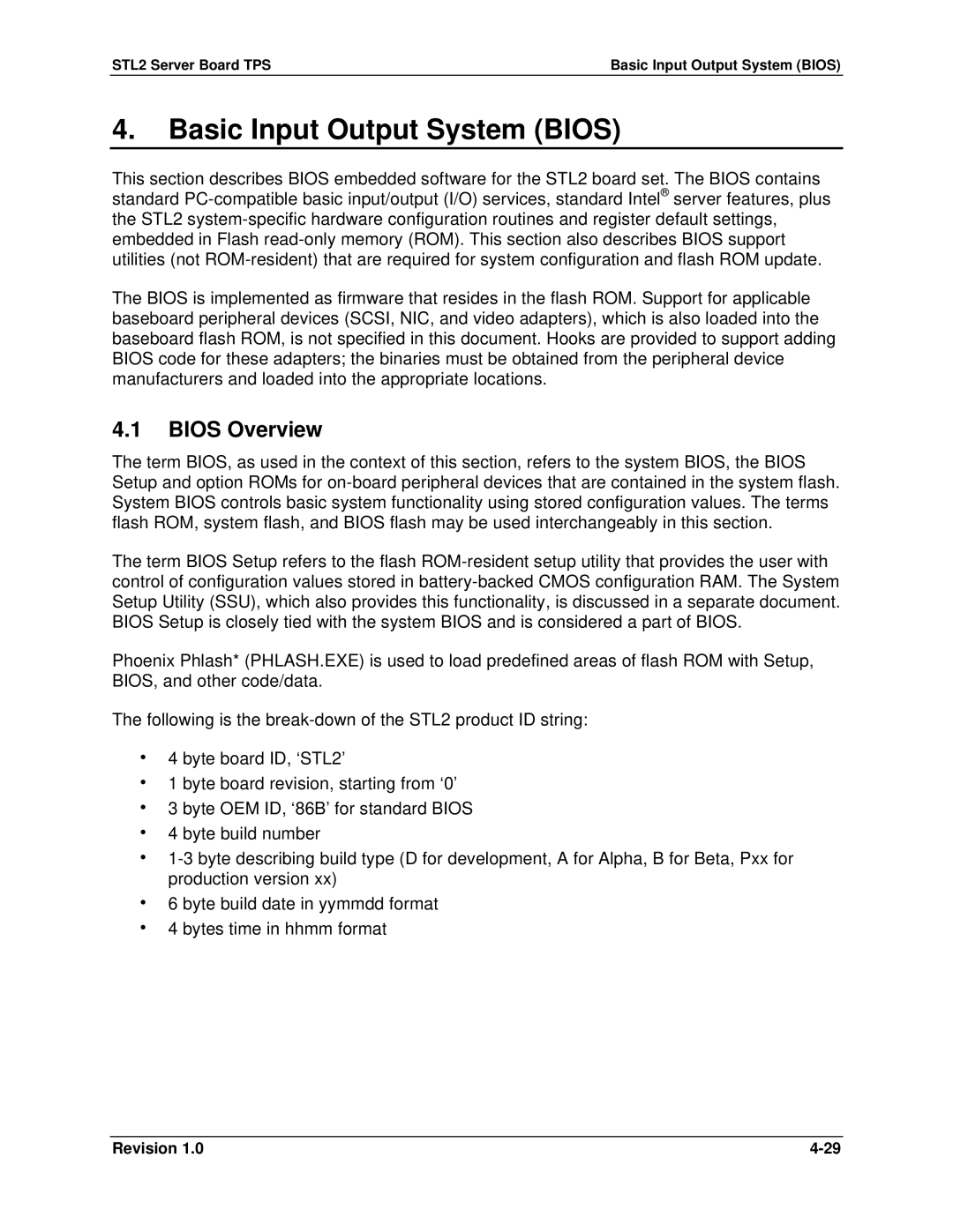 Intel manual Bios Overview, STL2 Server Board TPS Basic Input Output System Bios 