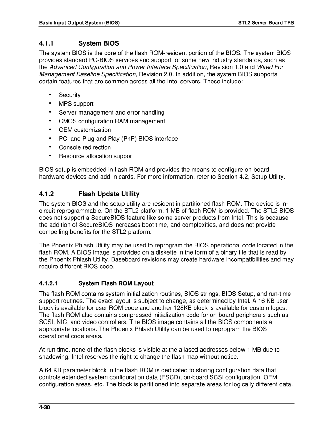 Intel STL2 manual System Bios, Flash Update Utility, System Flash ROM Layout 