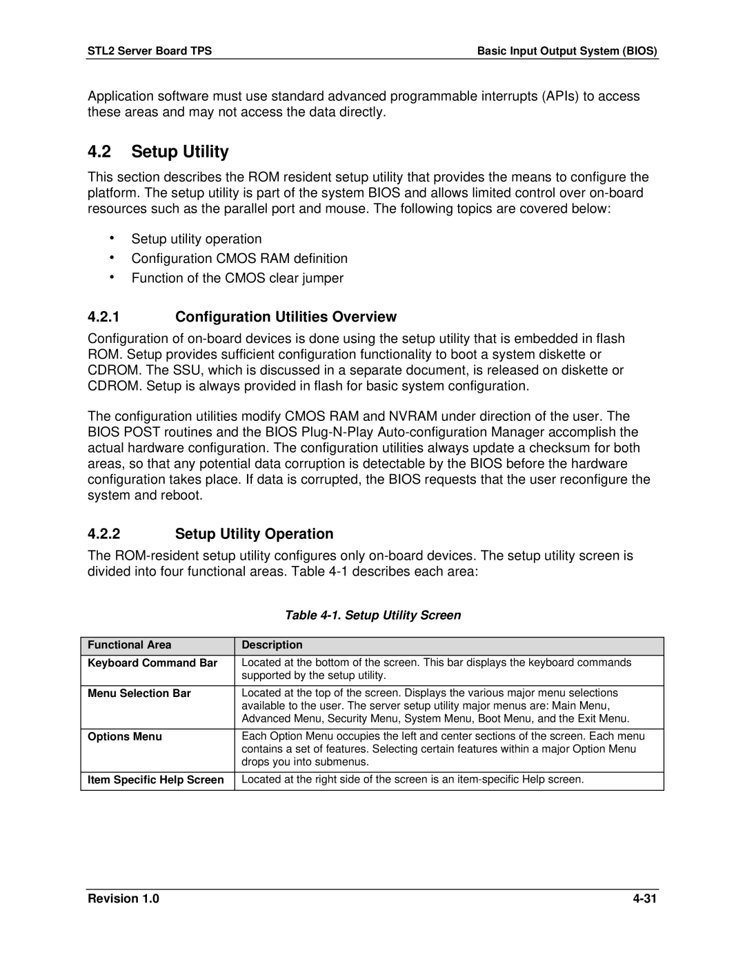 Intel STL2 manual Configuration Utilities Overview, Setup Utility Operation, Setup Utility Screen 