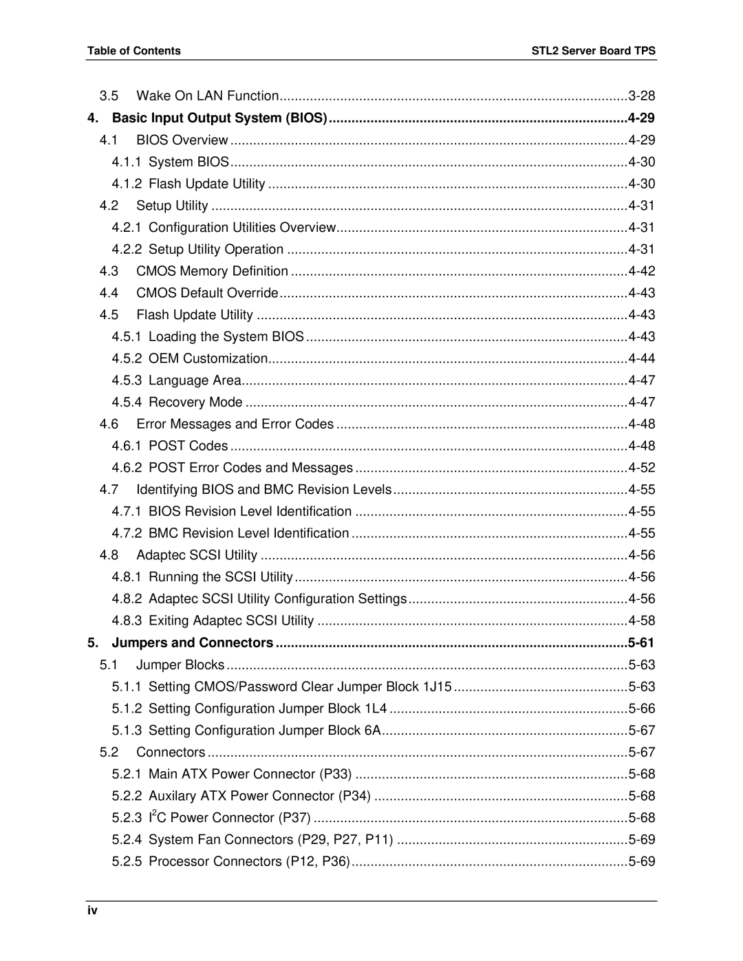 Intel manual Basic Input Output System Bios, Jumpers and Connectors, Table of ContentsSTL2 Server Board TPS 