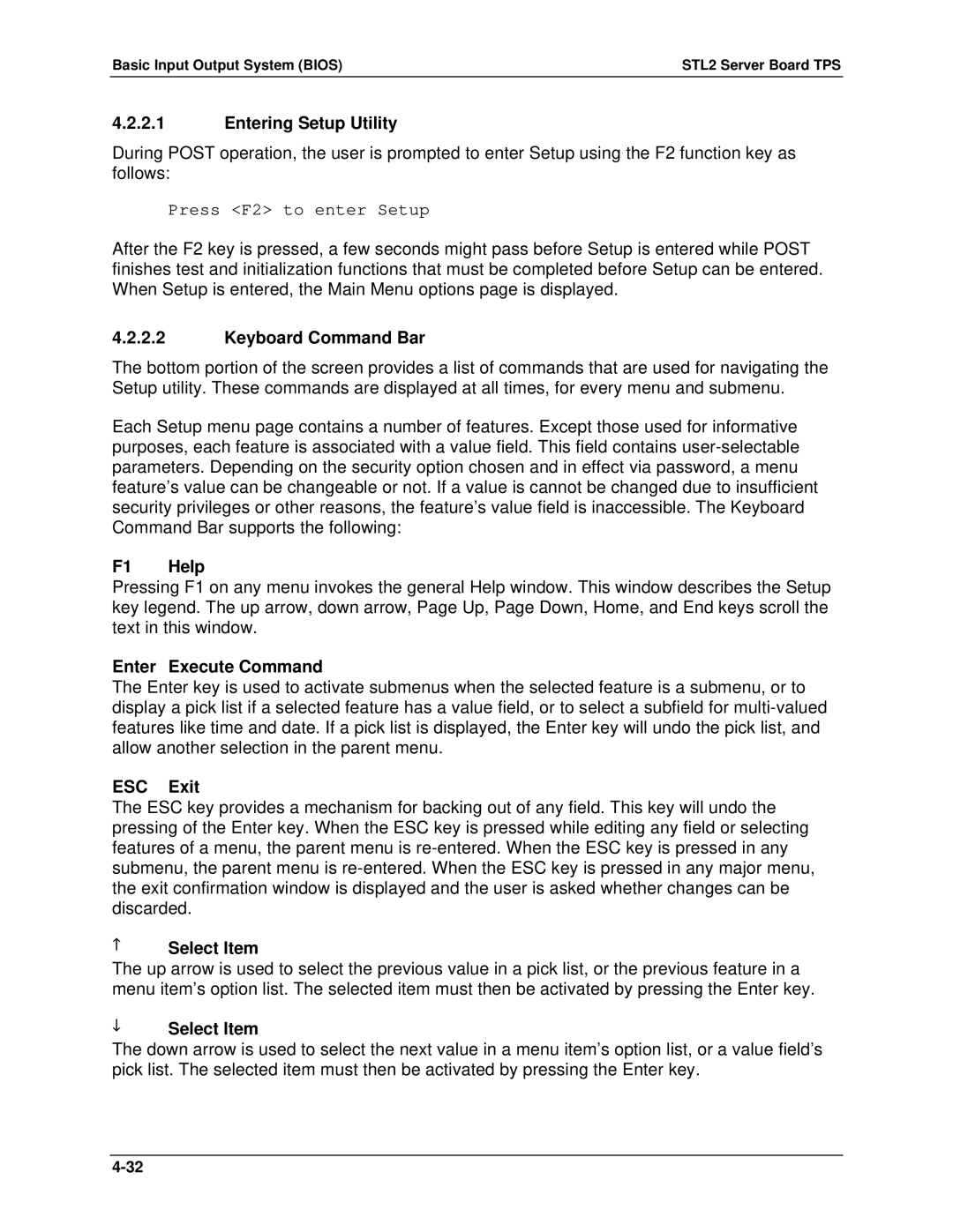 Intel STL2 manual Entering Setup Utility, Keyboard Command Bar, F1 Help, Enter Execute Command, ESC Exit, Select Item 
