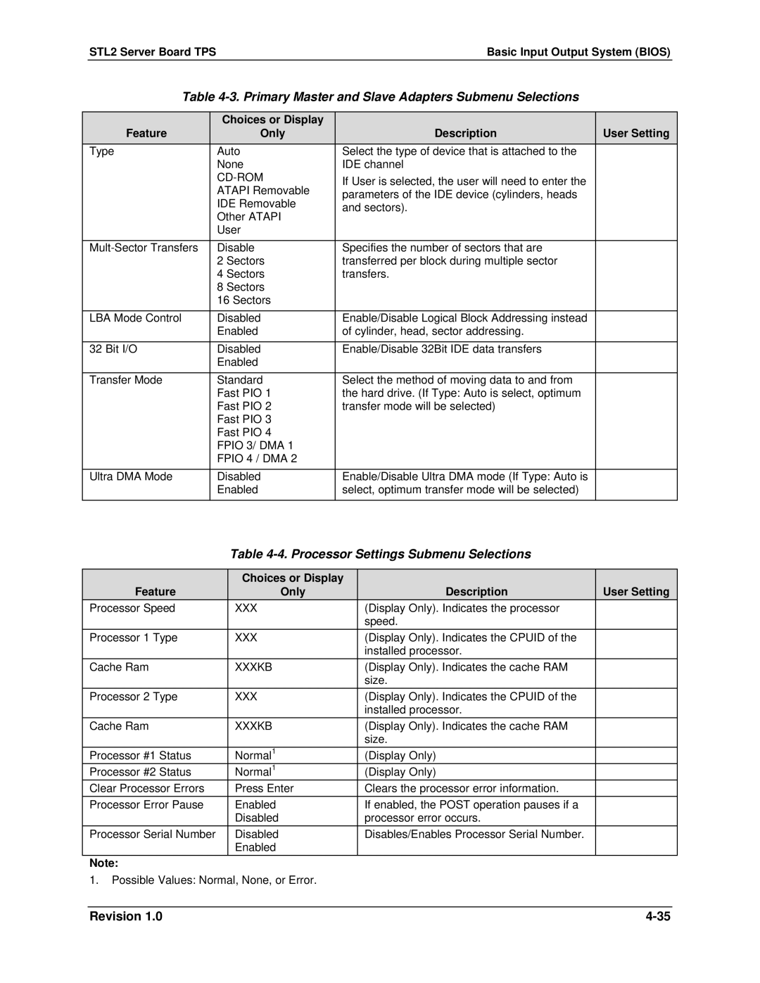 Intel STL2 manual Primary Master and Slave Adapters Submenu Selections, Processor Settings Submenu Selections 