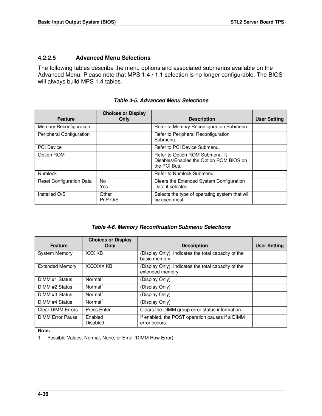 Intel STL2 manual Advanced Menu Selections, Memory Reconfiruation Submenu Selections 