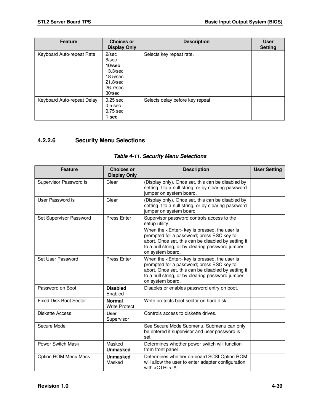 Intel STL2 manual Security Menu Selections 