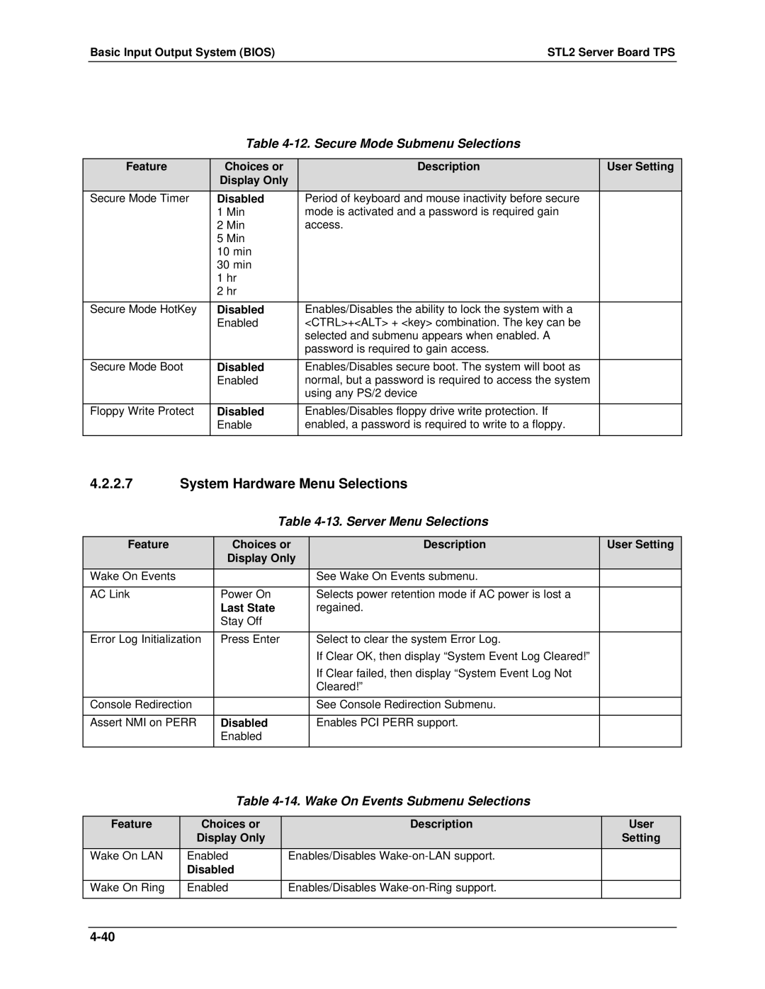 Intel STL2 manual System Hardware Menu Selections, Secure Mode Submenu Selections, Server Menu Selections, Last State 