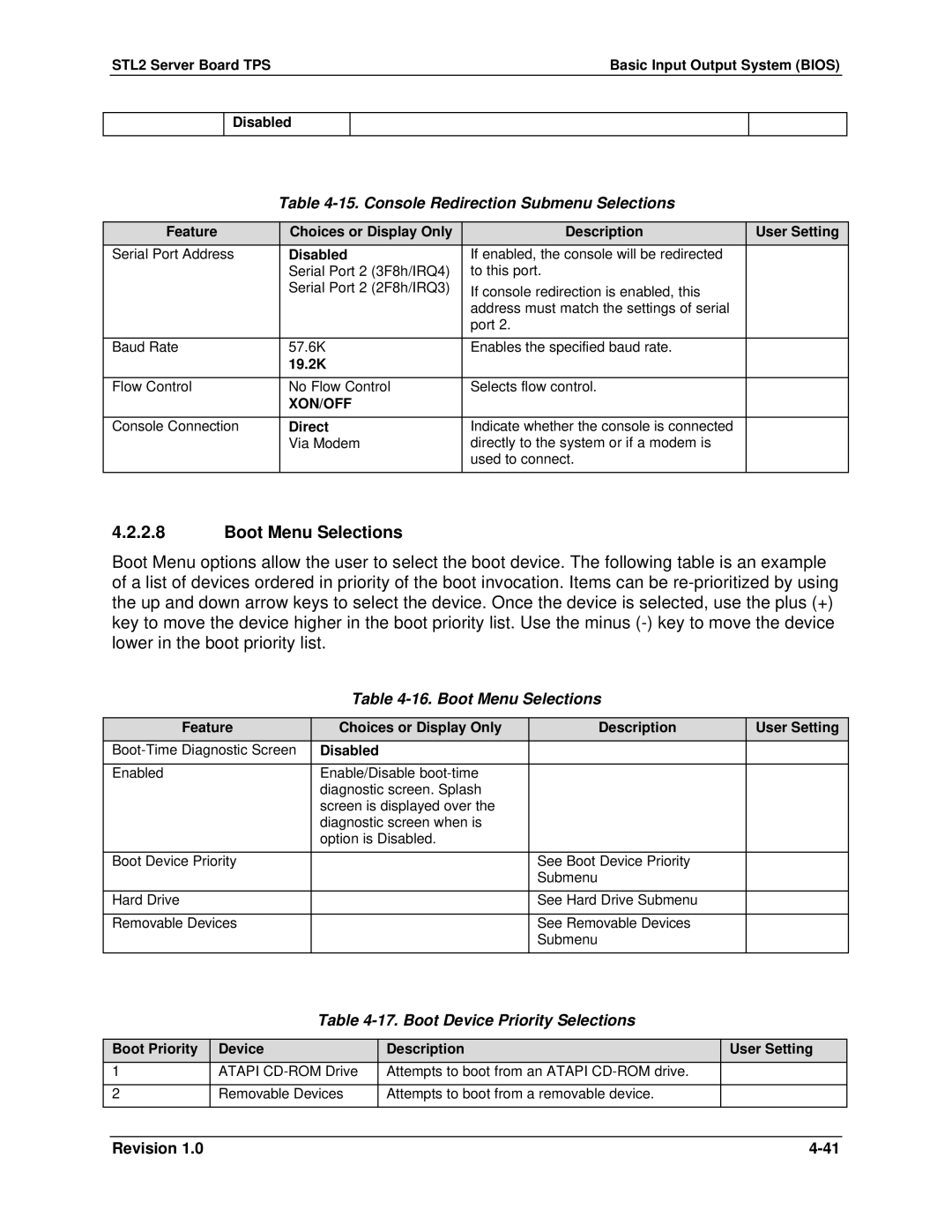 Intel STL2 manual Boot Menu Selections, Console Redirection Submenu Selections, Boot Device Priority Selections 