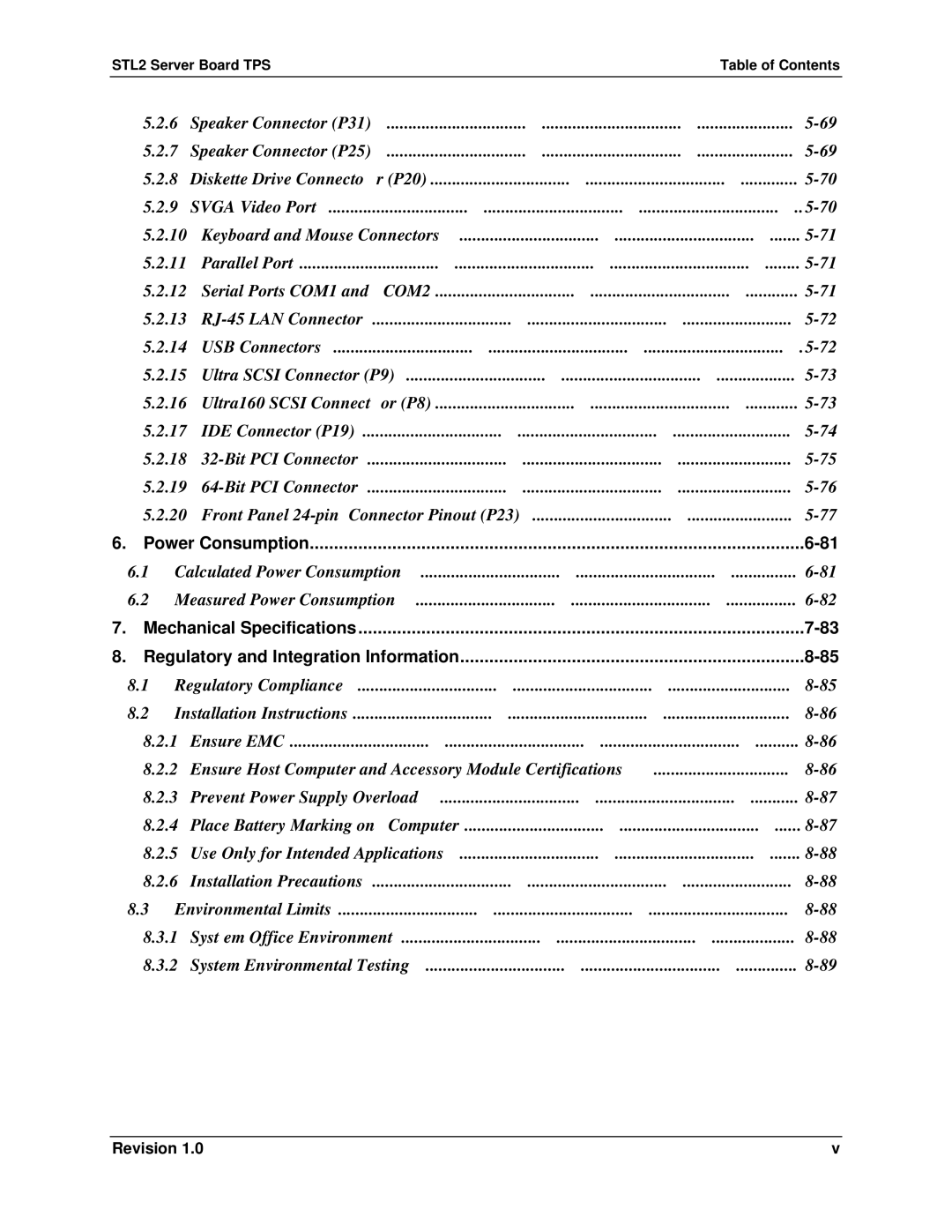 Intel manual Power Consumption, STL2 Server Board TPSTable of Contents 