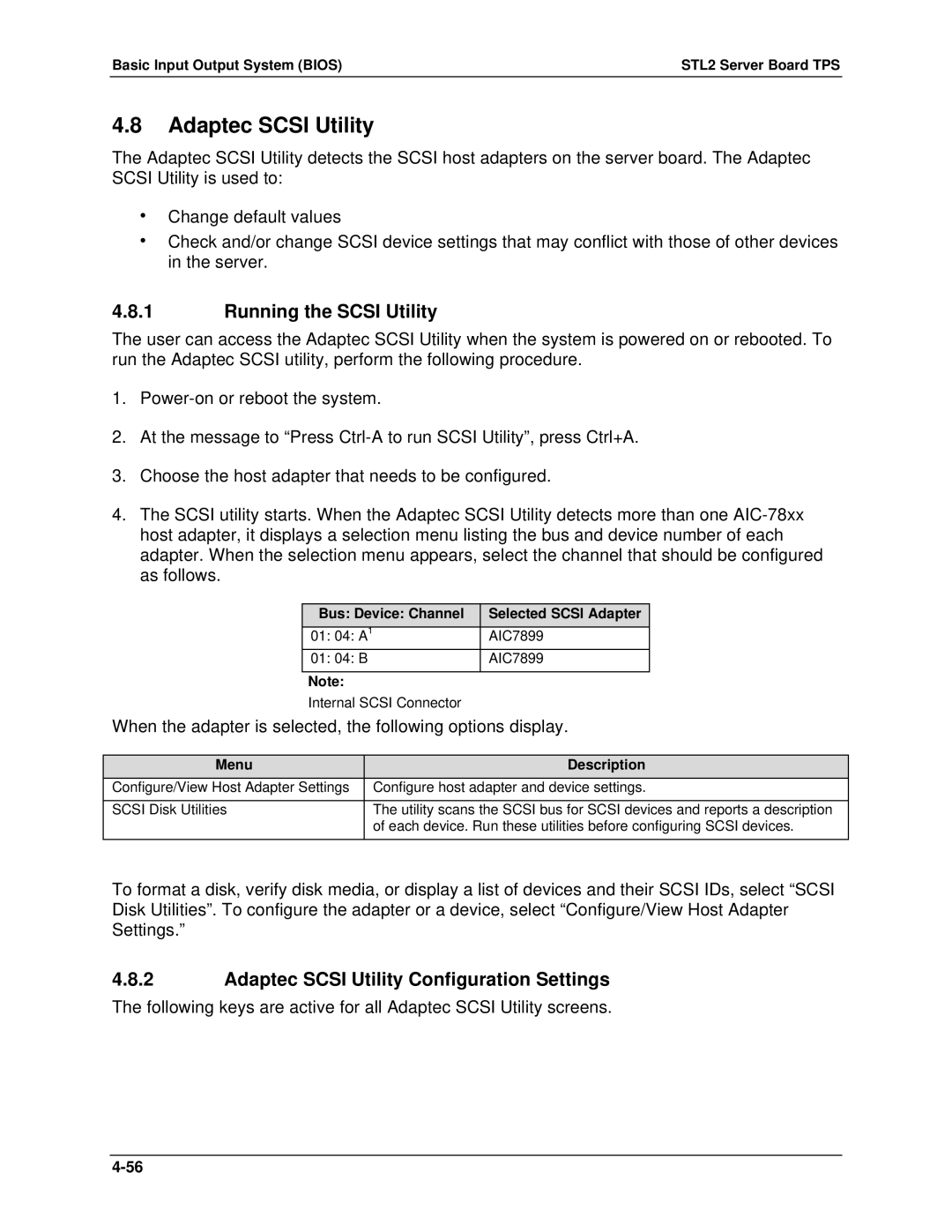 Intel STL2 manual Running the Scsi Utility, Adaptec Scsi Utility Configuration Settings, Menu Description 