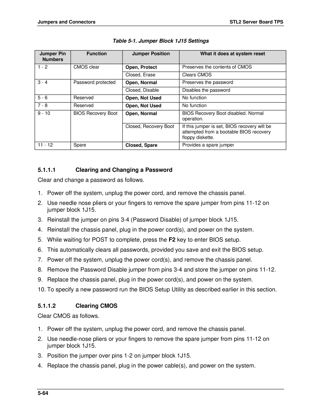 Intel STL2 manual Clearing and Changing a Password, Clearing Cmos, Jumper Block 1J15 Settings 