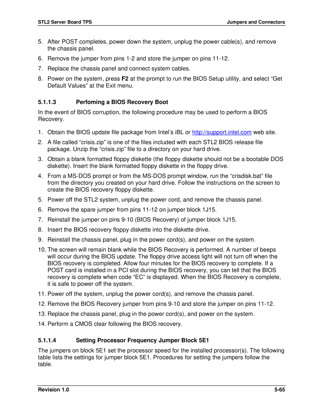 Intel STL2 manual Perfoming a Bios Recovery Boot, Setting Processor Frequency Jumper Block 5E1 