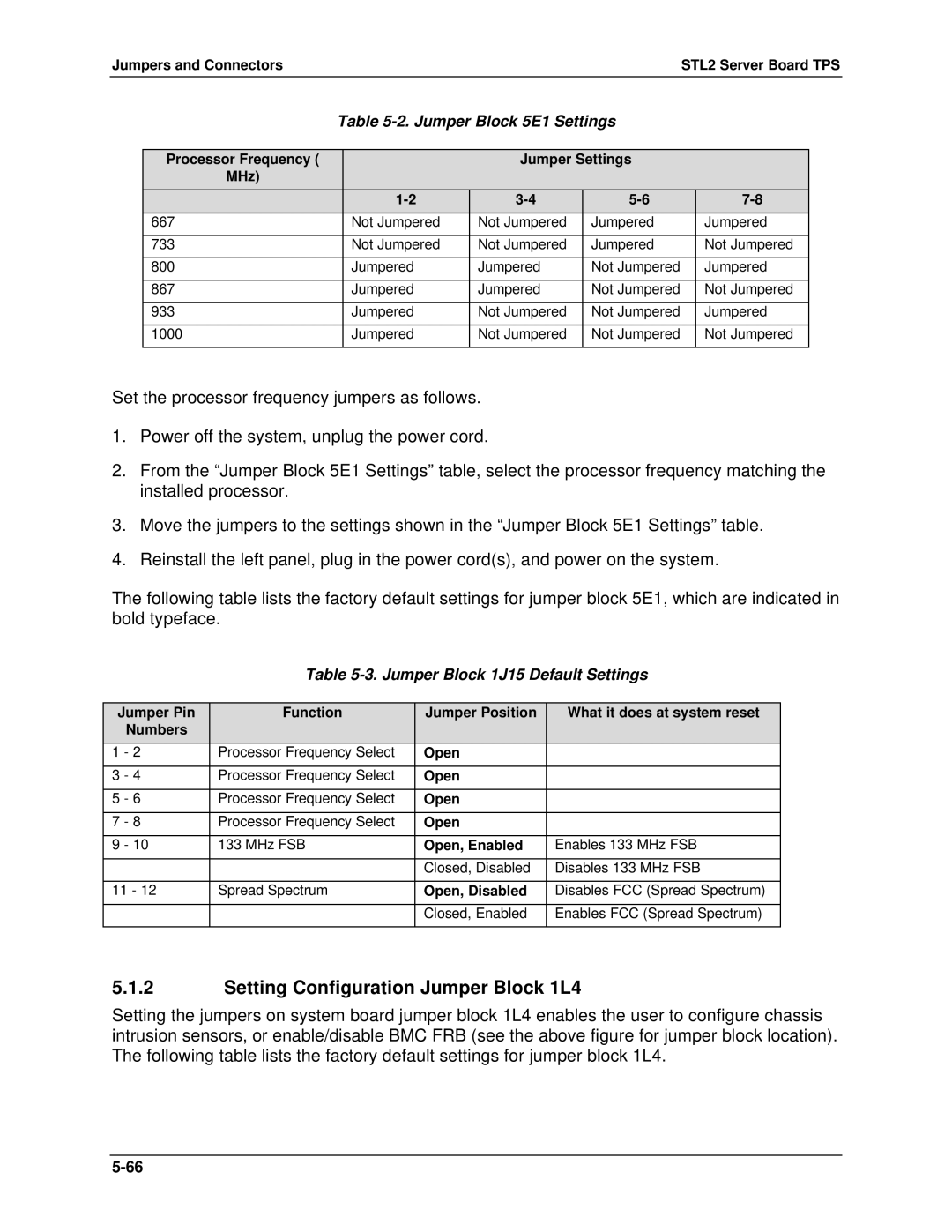 Intel STL2 manual Setting Configuration Jumper Block 1L4, Jumper Block 5E1 Settings, Jumper Block 1J15 Default Settings 