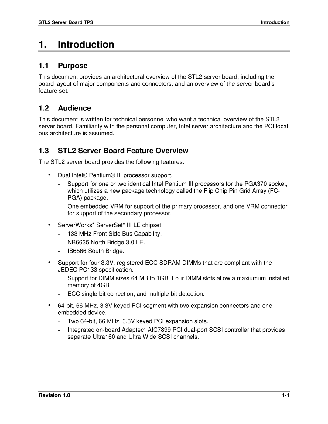 Intel manual Purpose, Audience, STL2 Server Board Feature Overview, STL2 Server Board TPS Introduction 