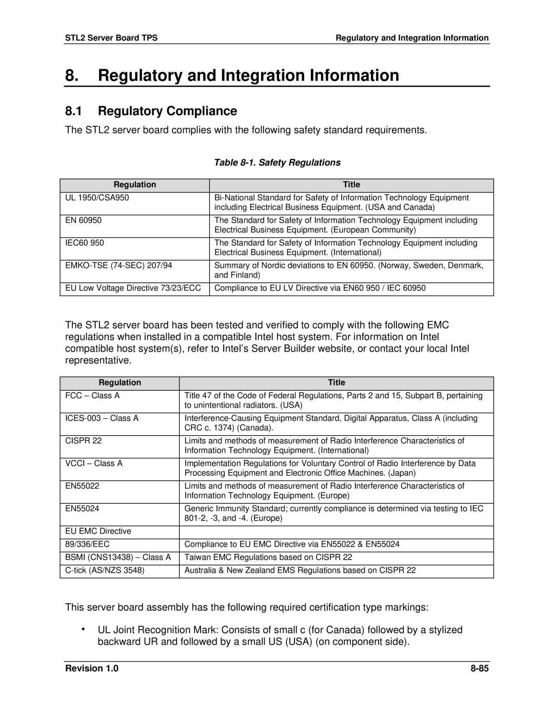 Intel STL2 manual Regulatory Compliance, Safety Regulations, Regulation Title 