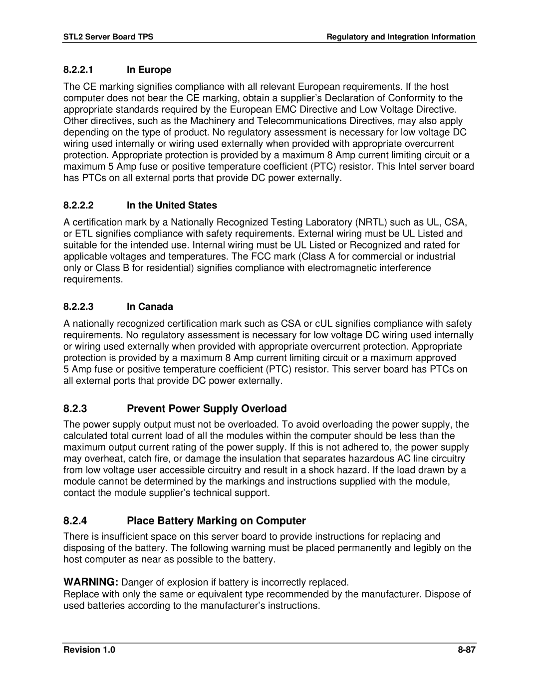 Intel STL2 manual Prevent Power Supply Overload, Place Battery Marking on Computer, Europe, United States, Canada 