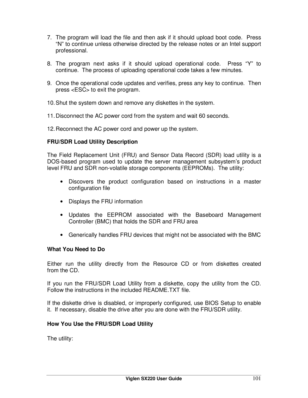 Intel SX220 manual FRU/SDR Load Utility Description, How You Use the FRU/SDR Load Utility, 101 