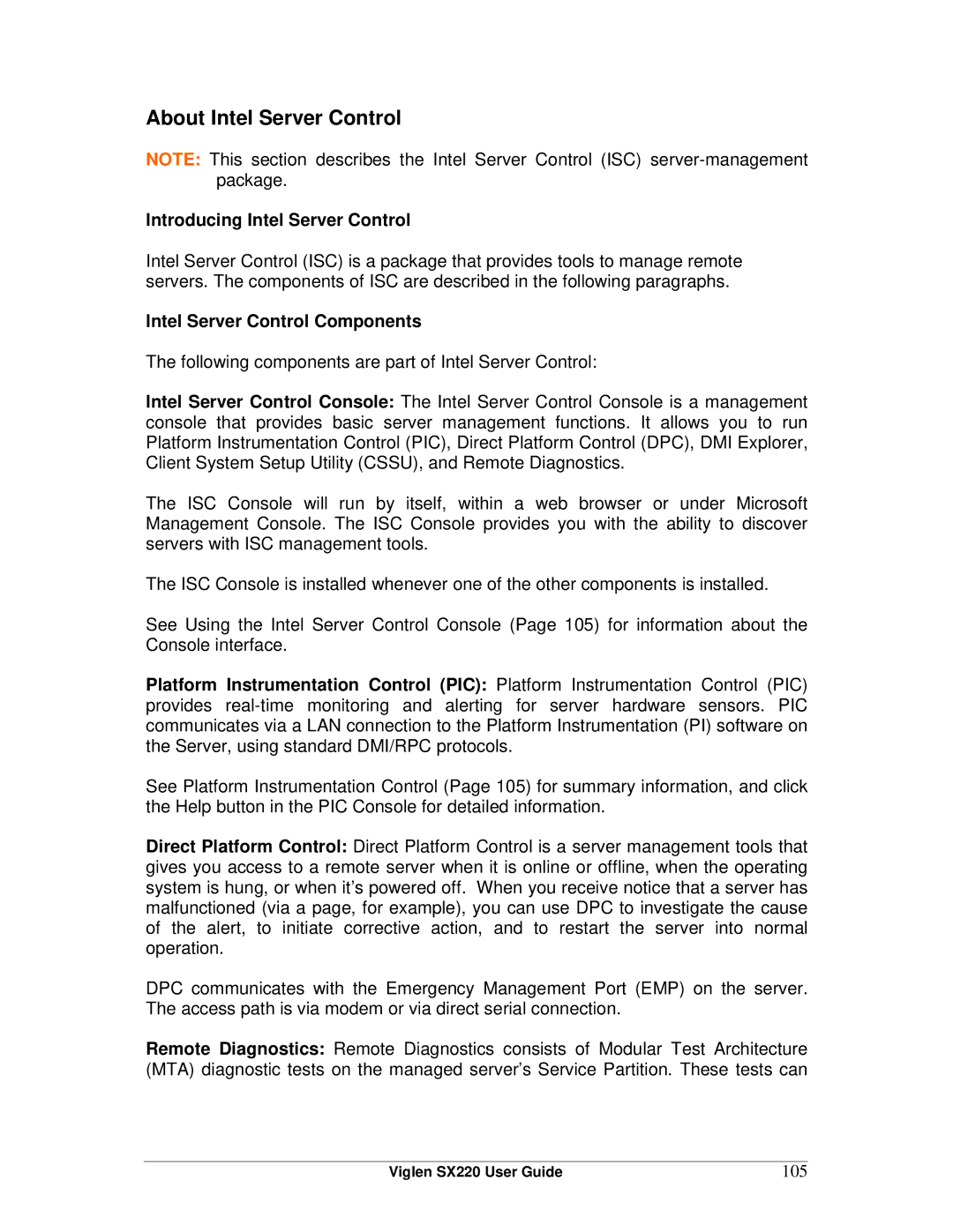 Intel SX220 manual About Intel Server Control, Introducing Intel Server Control, Intel Server Control Components, 105 