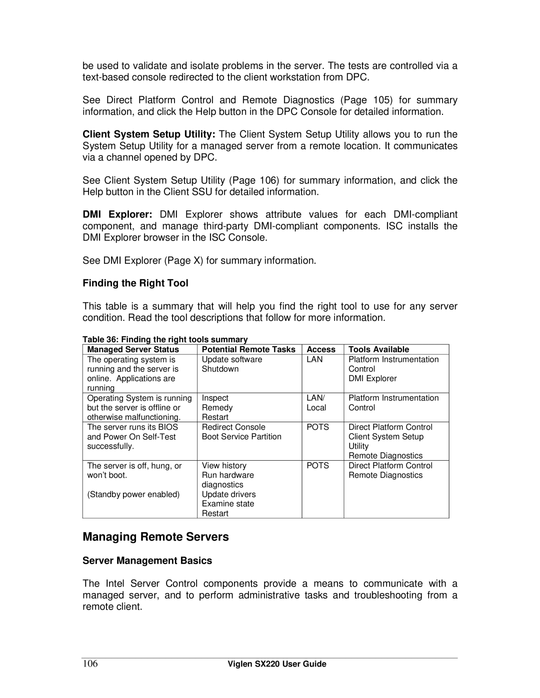 Intel SX220 manual Managing Remote Servers, Finding the Right Tool, Server Management Basics, 106 