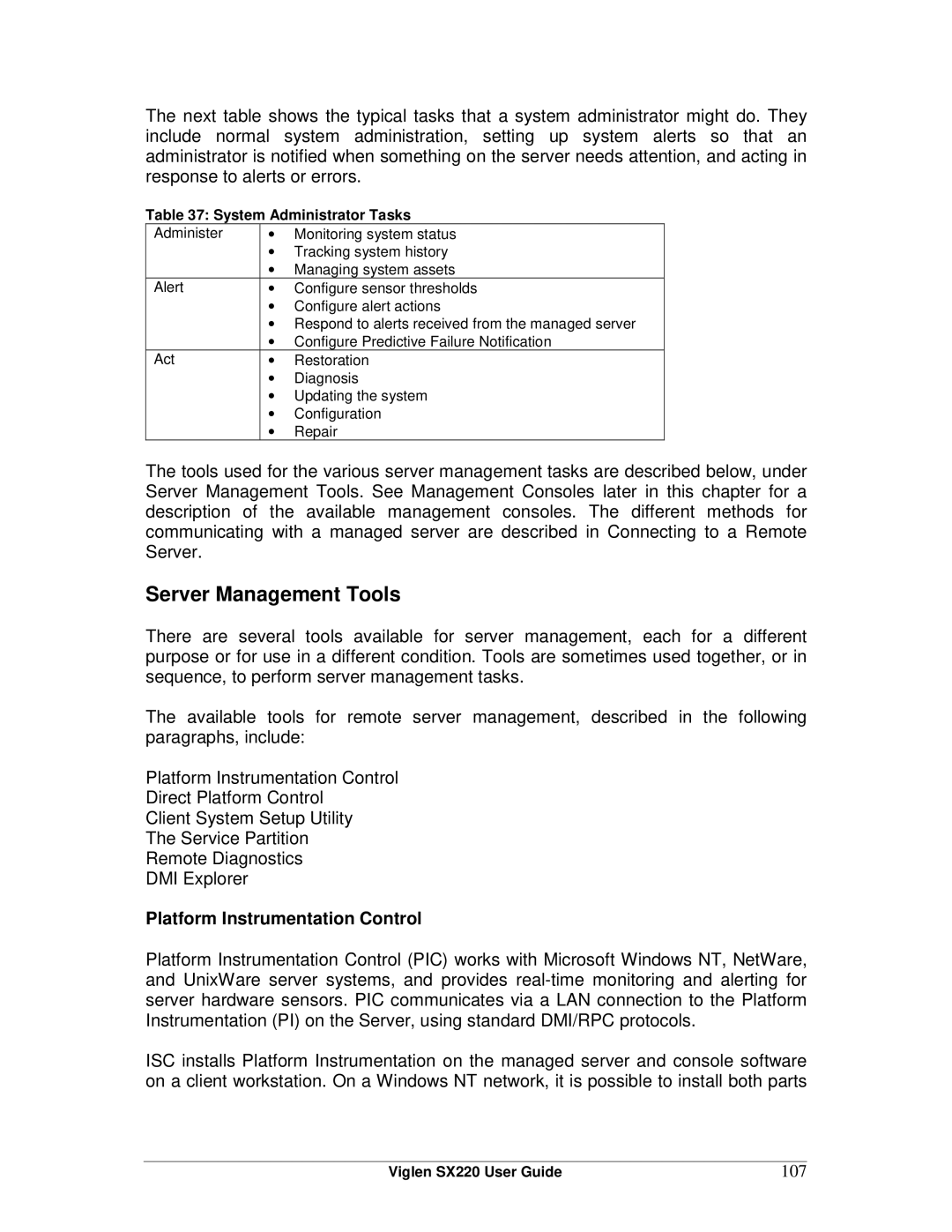 Intel SX220 manual Server Management Tools, Platform Instrumentation Control, 107, System Administrator Tasks 