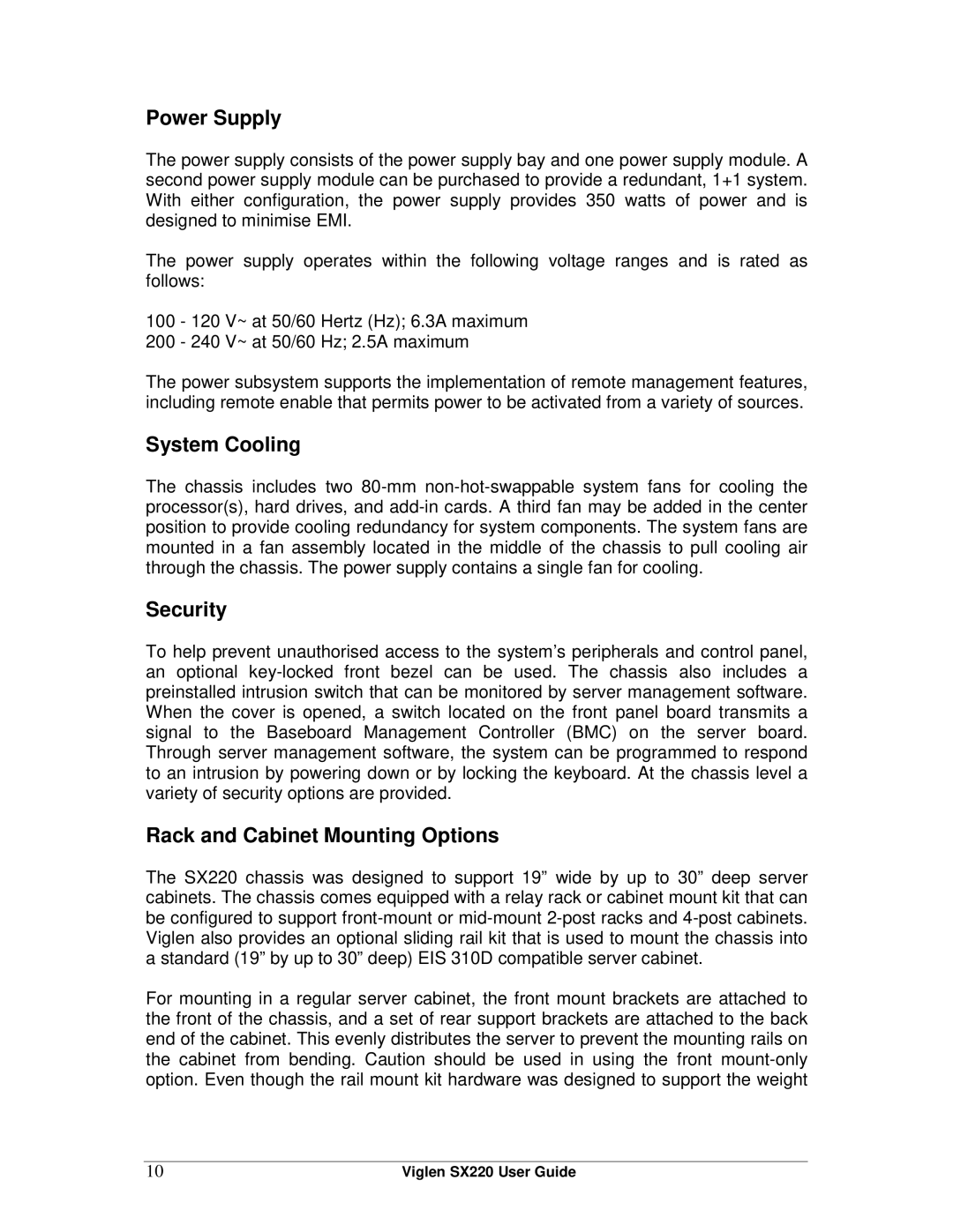 Intel SX220 manual Power Supply, System Cooling, Security, Rack and Cabinet Mounting Options 