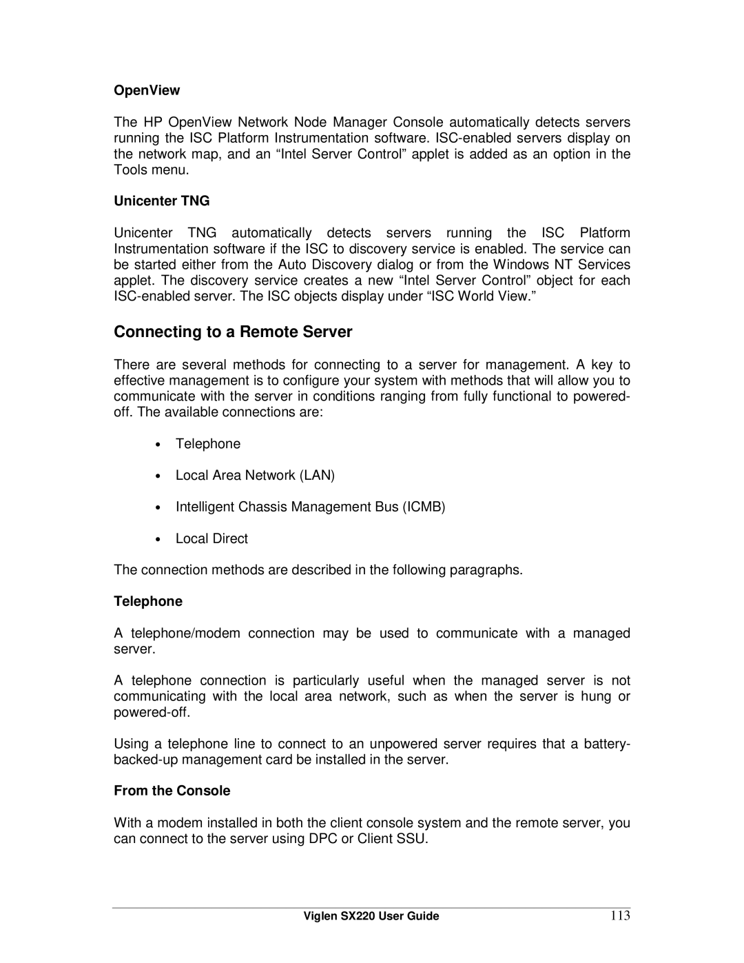 Intel SX220 manual Connecting to a Remote Server, OpenView, Unicenter TNG, Telephone, From the Console 