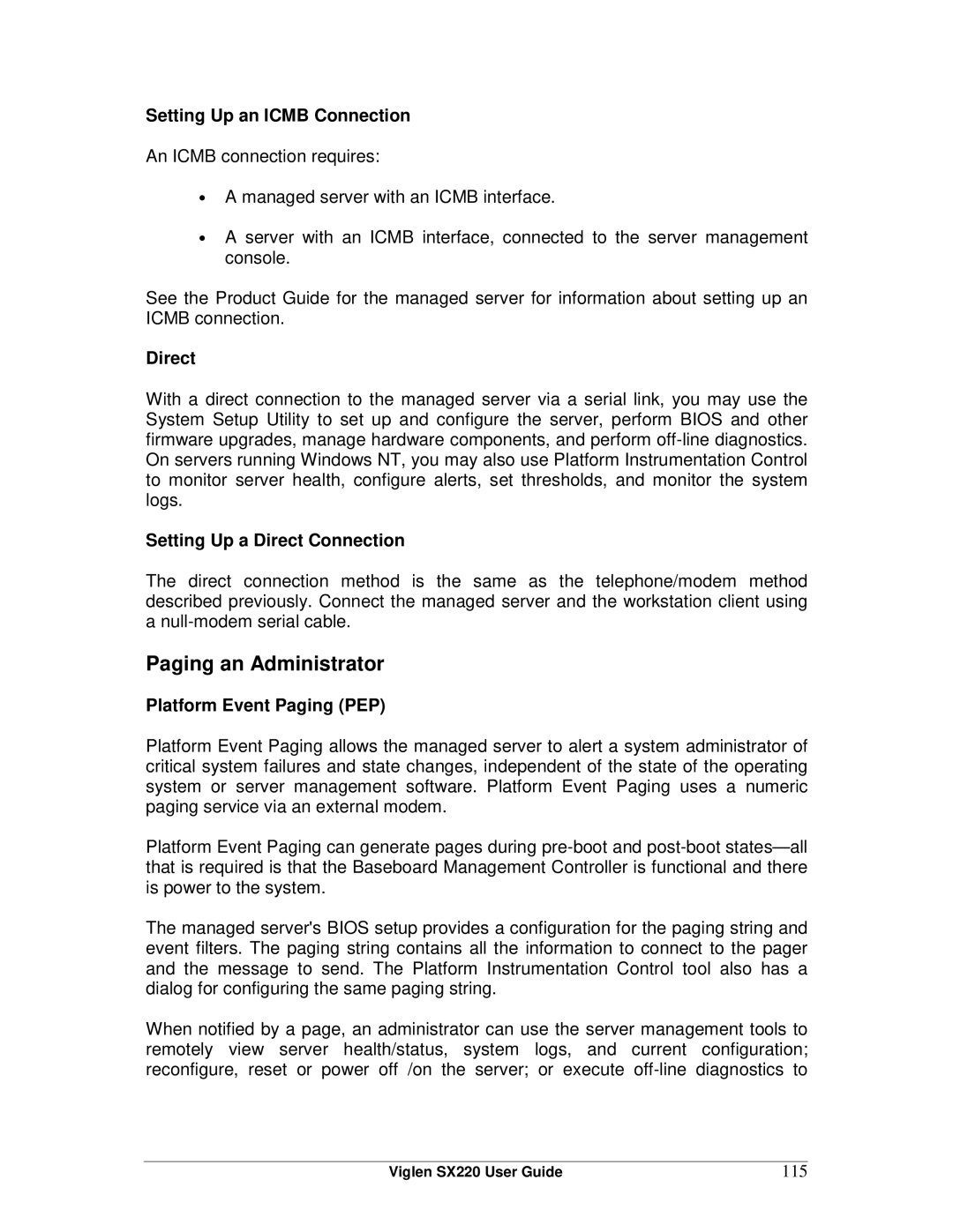 Intel SX220 manual Paging an Administrator, Setting Up an Icmb Connection, Setting Up a Direct Connection 